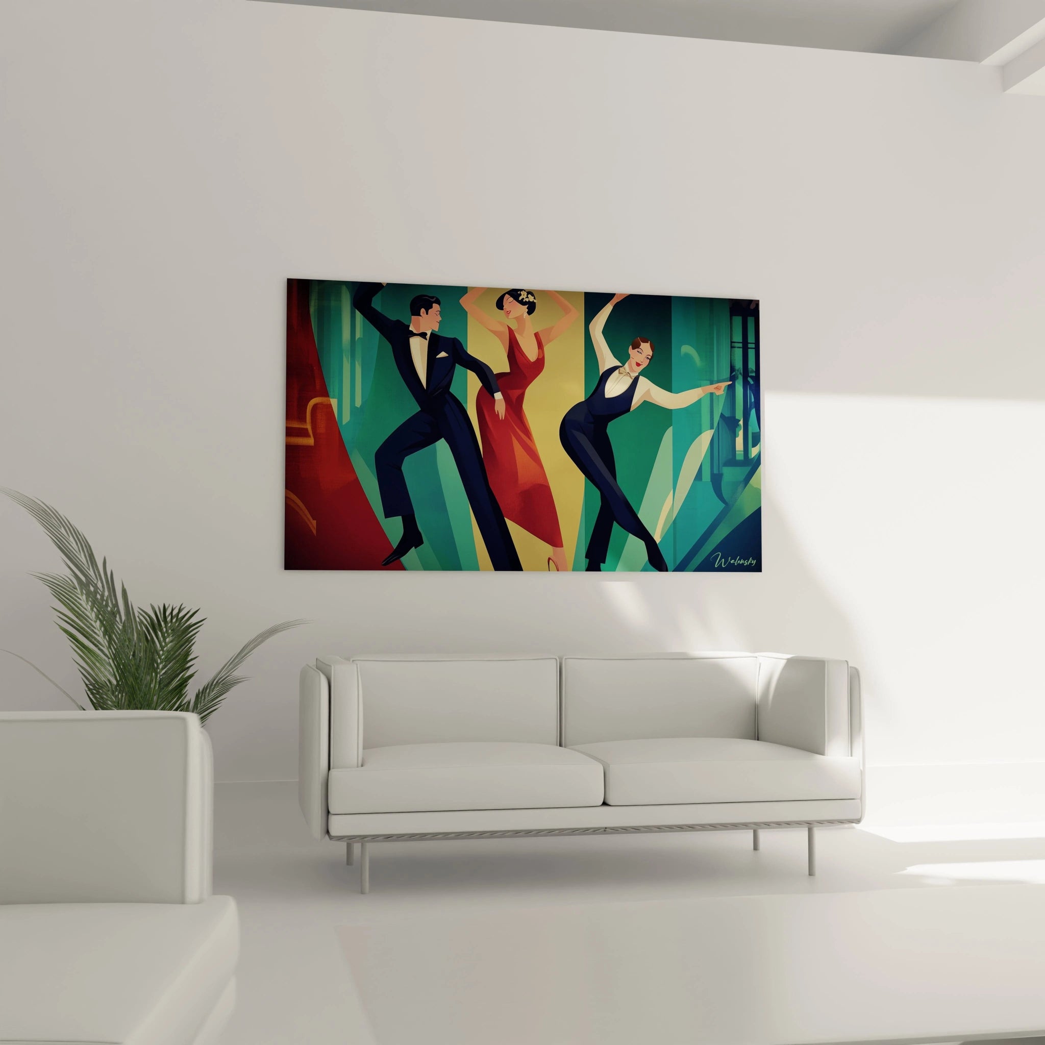 Un tableau Pieter Bruegel l'Ancien mettant en scène des figures stylisées en train de danser, avec un arrière-plan en tons verts et jaunes, des ombres lisses et une texture fluide rappelant l'Art Déco.