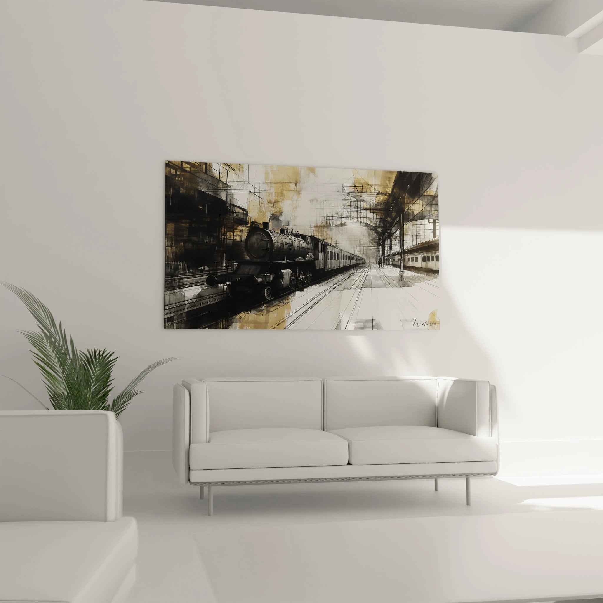 Un tableau claude monet mettant en avant des tons noirs, dorés et gris, une locomotive en mouvement, et des textures floues autour des arches et des rails, créant une structure géométrique complexe.