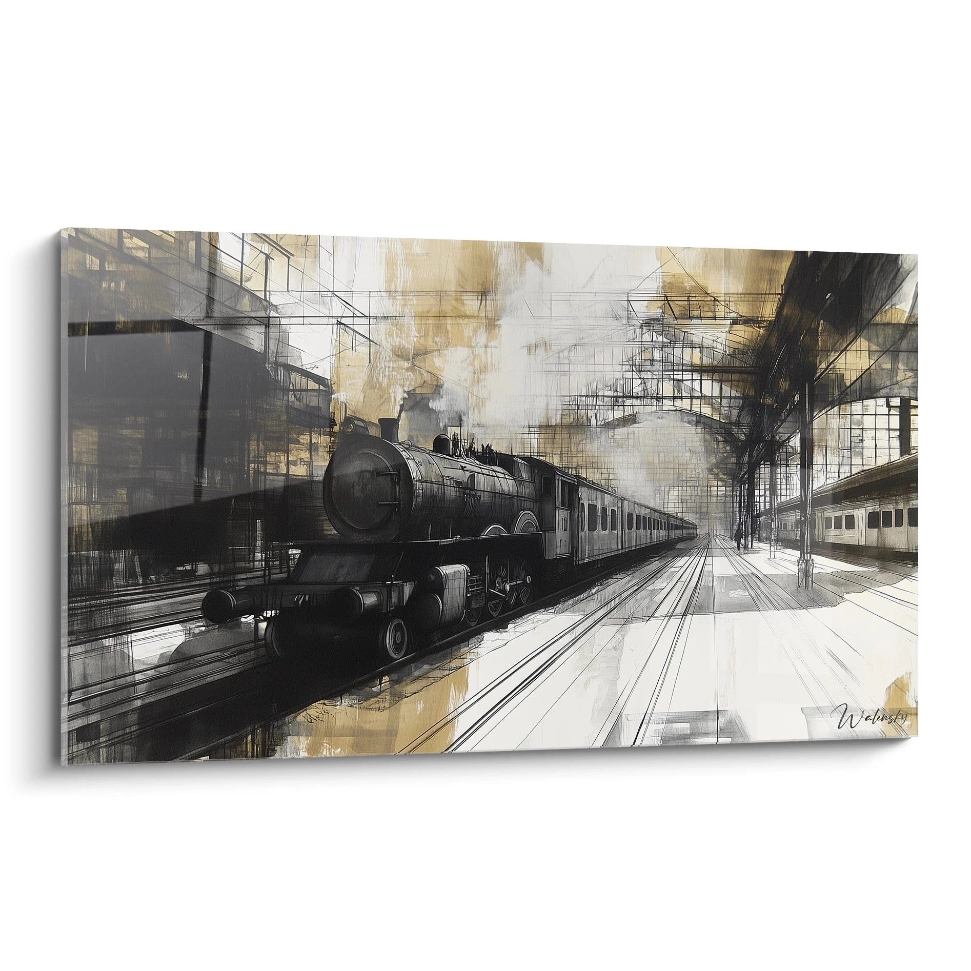 Un tableau claude monet représentant une locomotive noire au centre, entourée de fumée dorée et de structures grises, avec des lignes architecturales définies et des textures lisses.