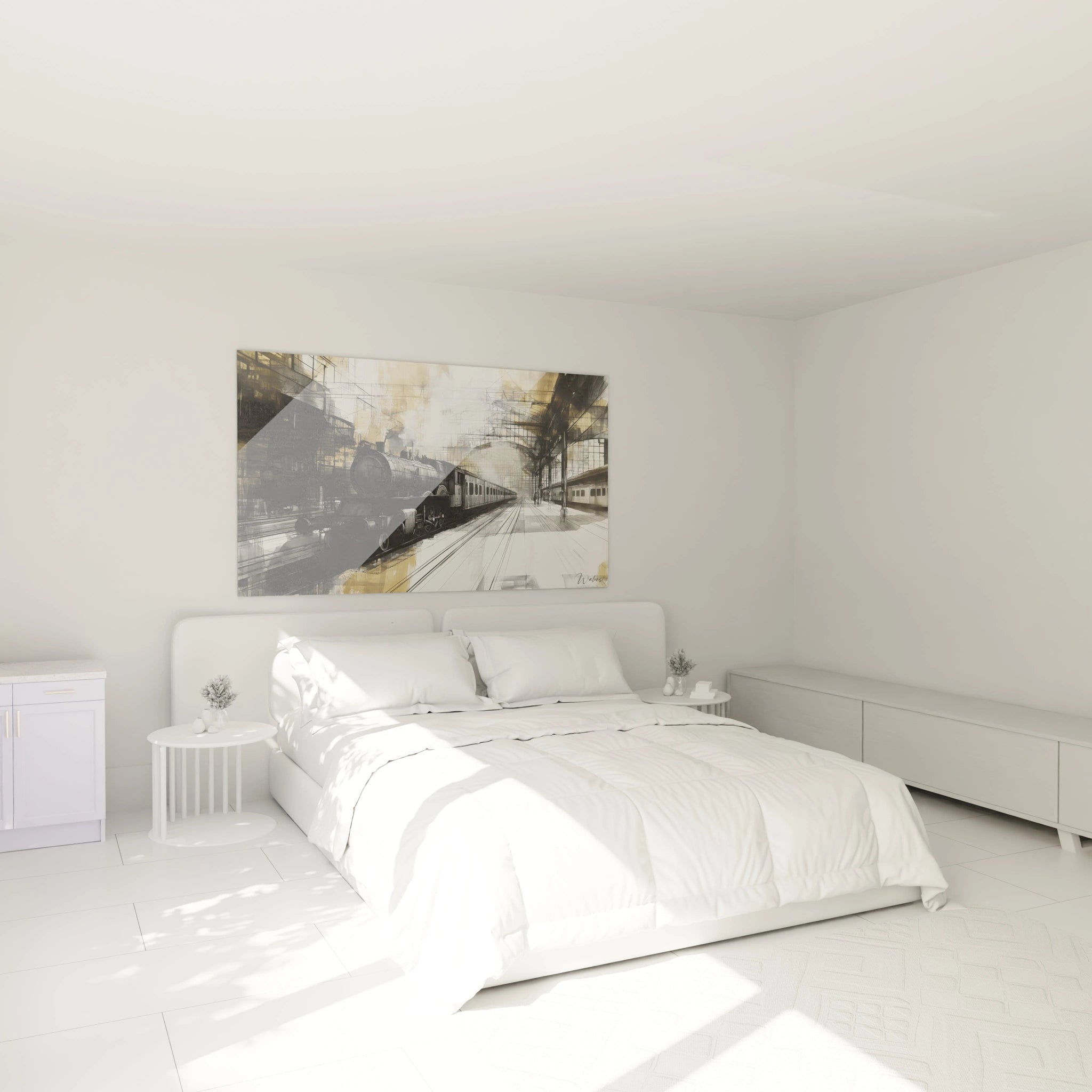 Un tableau claude monet montrant une scène de gare, avec des rails noirs, une locomotive sombre, des reflets dorés, et des effets de profondeur créés par des lignes parallèles et des ombres grises.