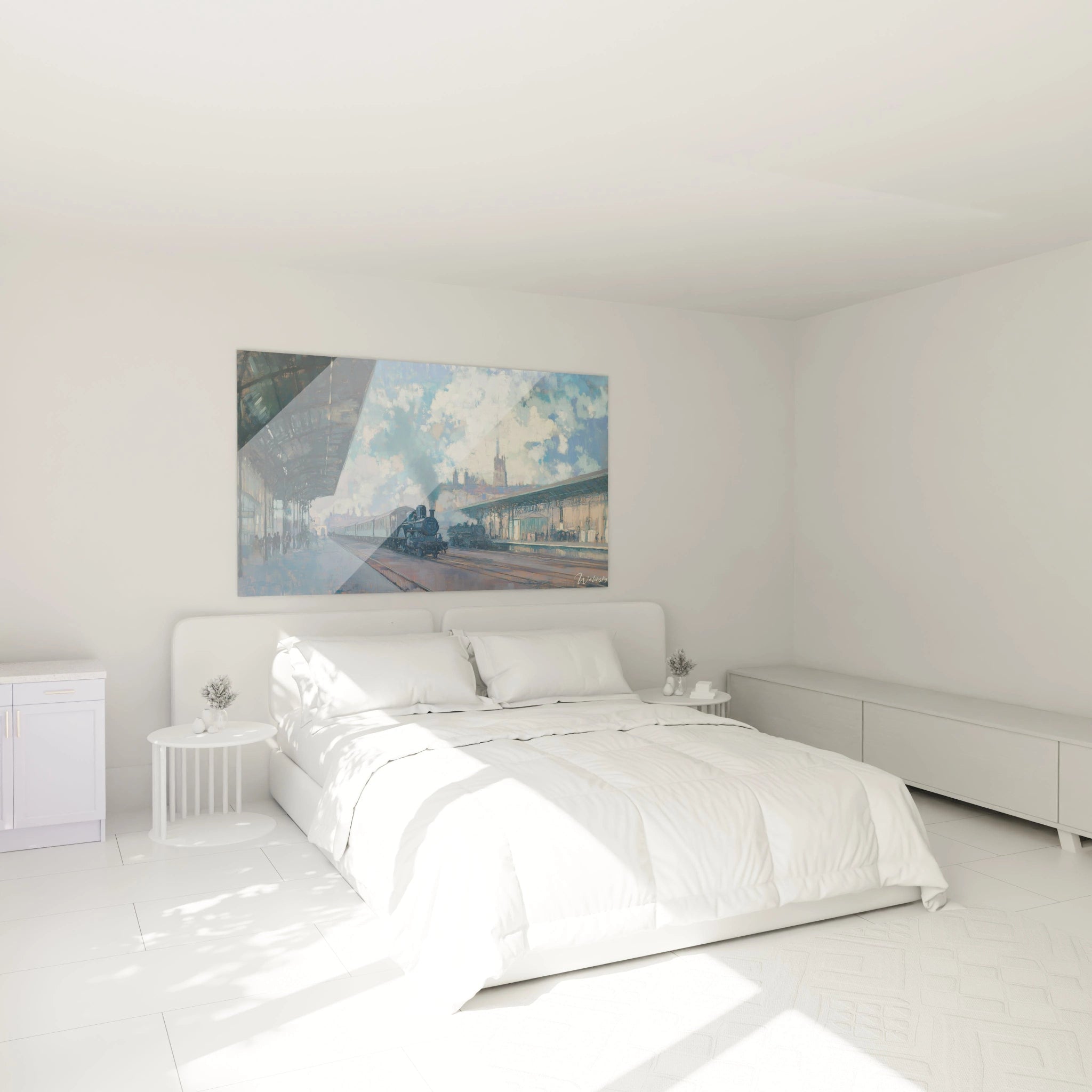 Une scène ferroviaire dans un tableau claude monet, mettant en avant des structures métalliques grises, des teintes de bleu et des lignes parallèles nettes sur un fond légèrement texturé.