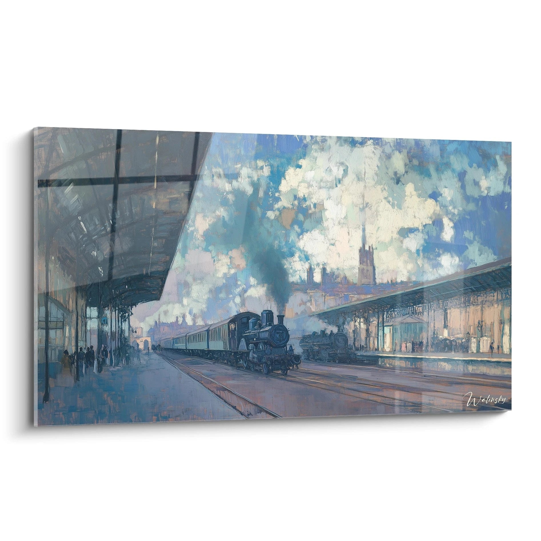 Un tableau claude monet montrant une locomotive noire dans une gare, avec des tons dominants de bleu, beige et gris, et des textures floues représentant des nuages et de la fumée.