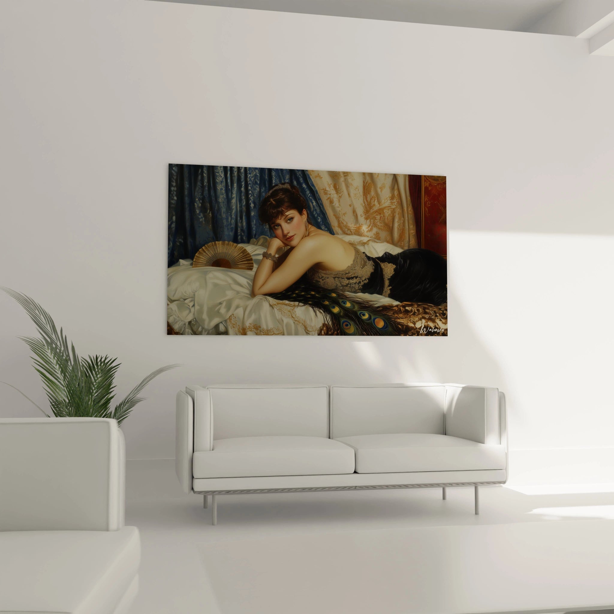 Un tableau Jean-Auguste-Dominique Ingres illustrant une femme aux cheveux bruns, reposant sur un lit drapé de blanc, avec des ornements dorés et un fond texturé de rideaux bleu nuit et beige.