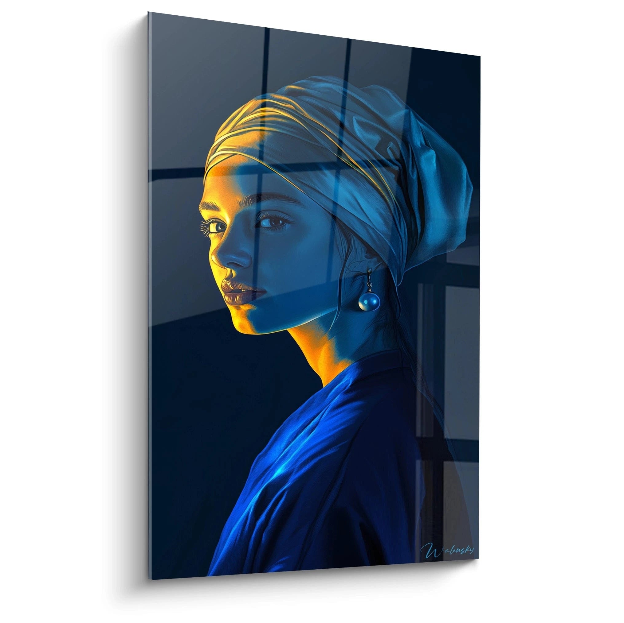 Un tableau Johannes Vermeer représentant un portrait numérique d’une femme portant un turban, avec des teintes bleues, dorées et noires, et un éclairage contrasté sur un fond sombre.