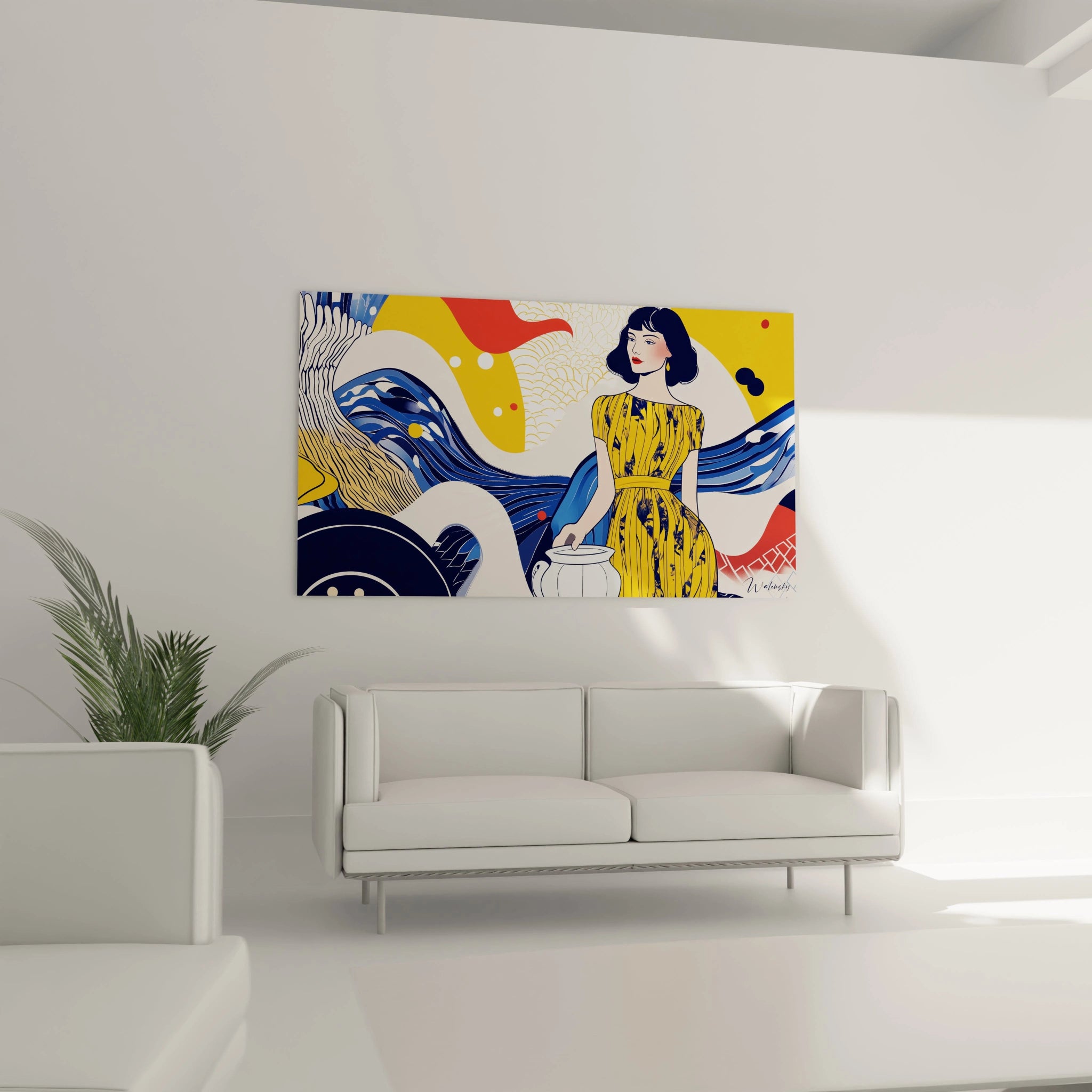 Un tableau Johannes Vermeer mettant en scÚne une femme sur un fond dynamique, composé de vagues en bleu profond, de formes géométriques en rouge et blanc, et de motifs dorés rappelant des écailles stylisées.