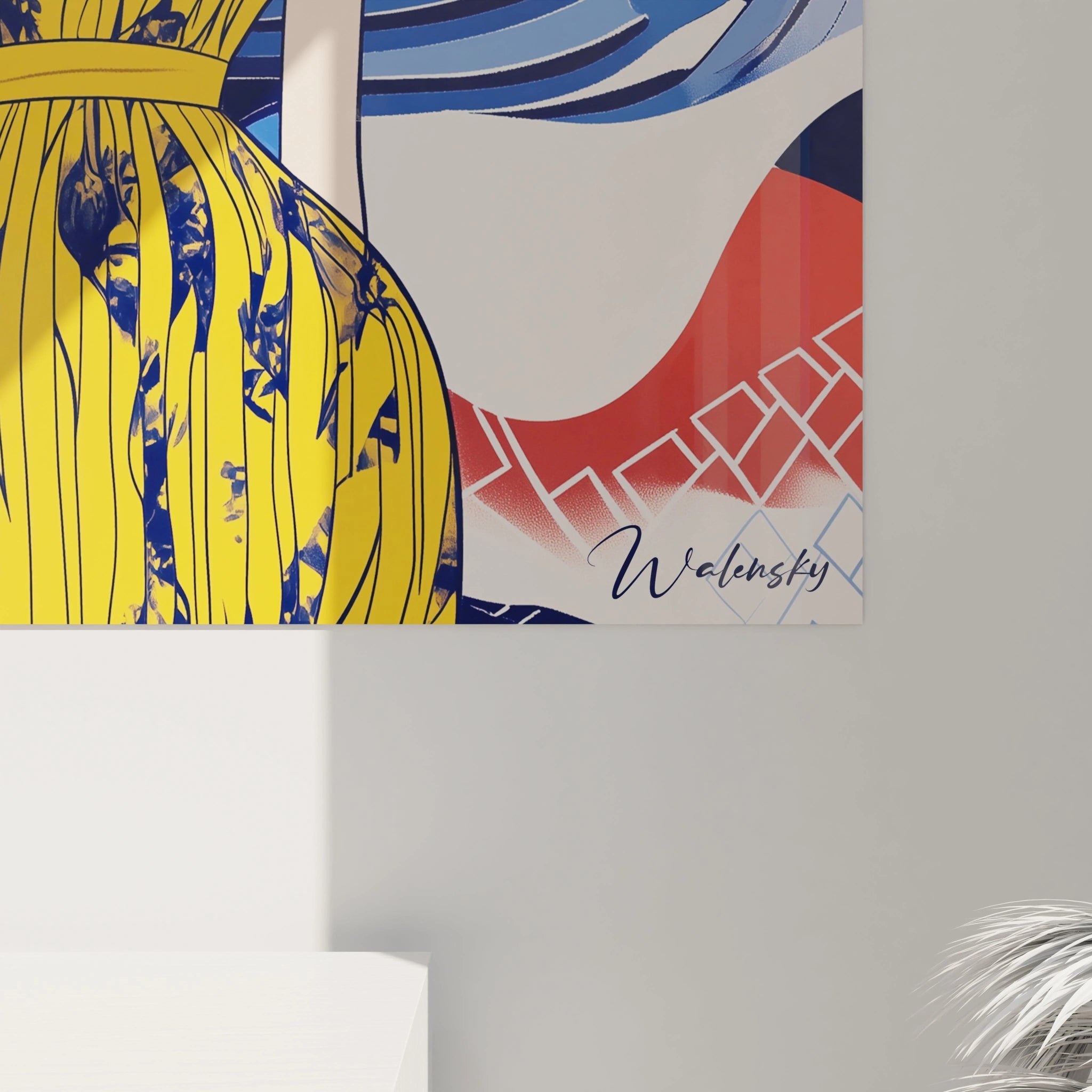 Un tableau Johannes Vermeer prĂ©sentant une femme dessinĂ©e avec des lignes nettes, entourĂ©e dâun dĂ©cor abstrait contrastĂ© avec du jaune, du bleu, du blanc et des dĂ©tails noirs et rouges en arriĂšre-plan.