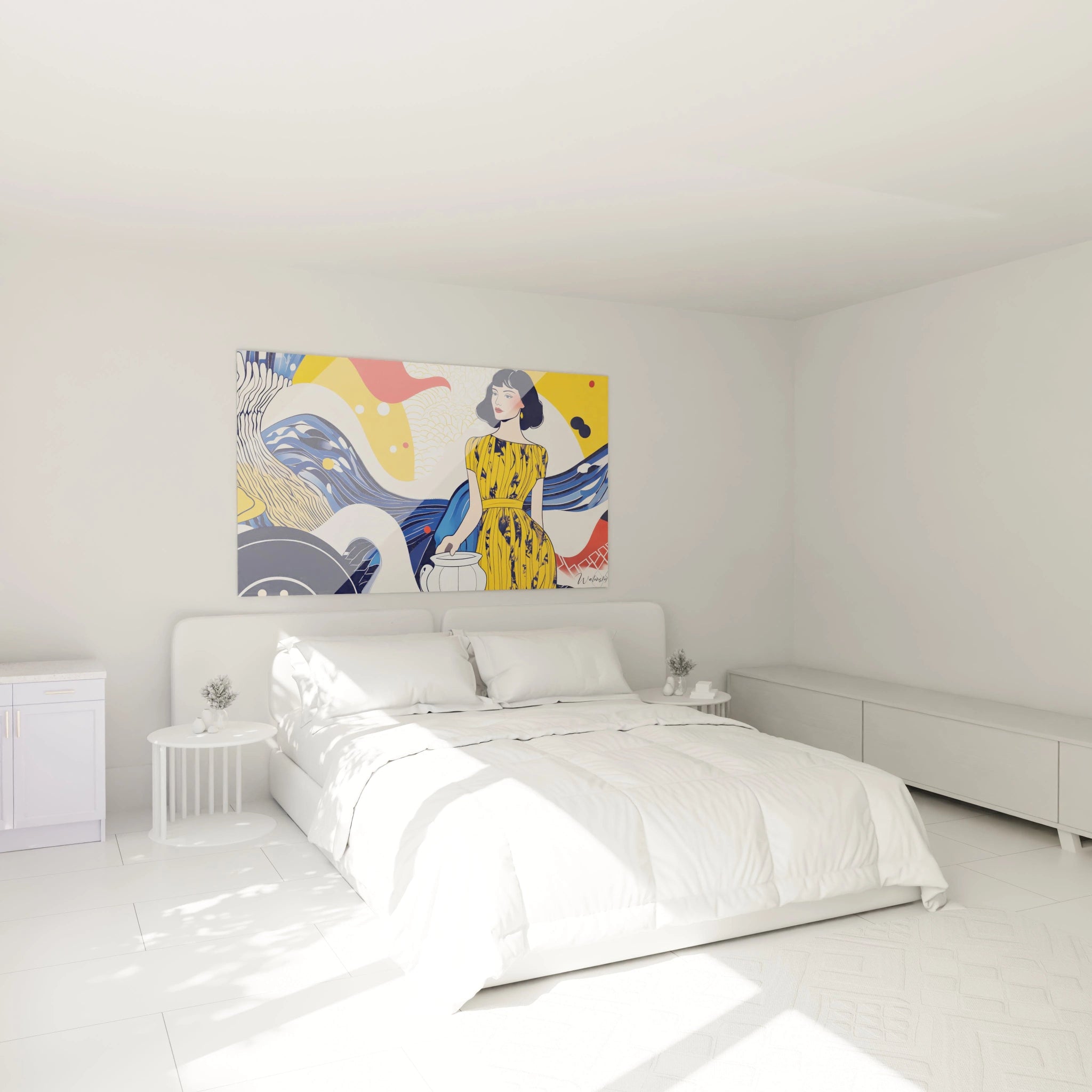 Un tableau Johannes Vermeer illustrant une composition mĂȘlant une figure fĂ©minine en robe plissĂ©e jaune et un dĂ©cor abstrait aux formes ondulantes en bleu, blanc et rouge, avec des lignes dorĂ©es.