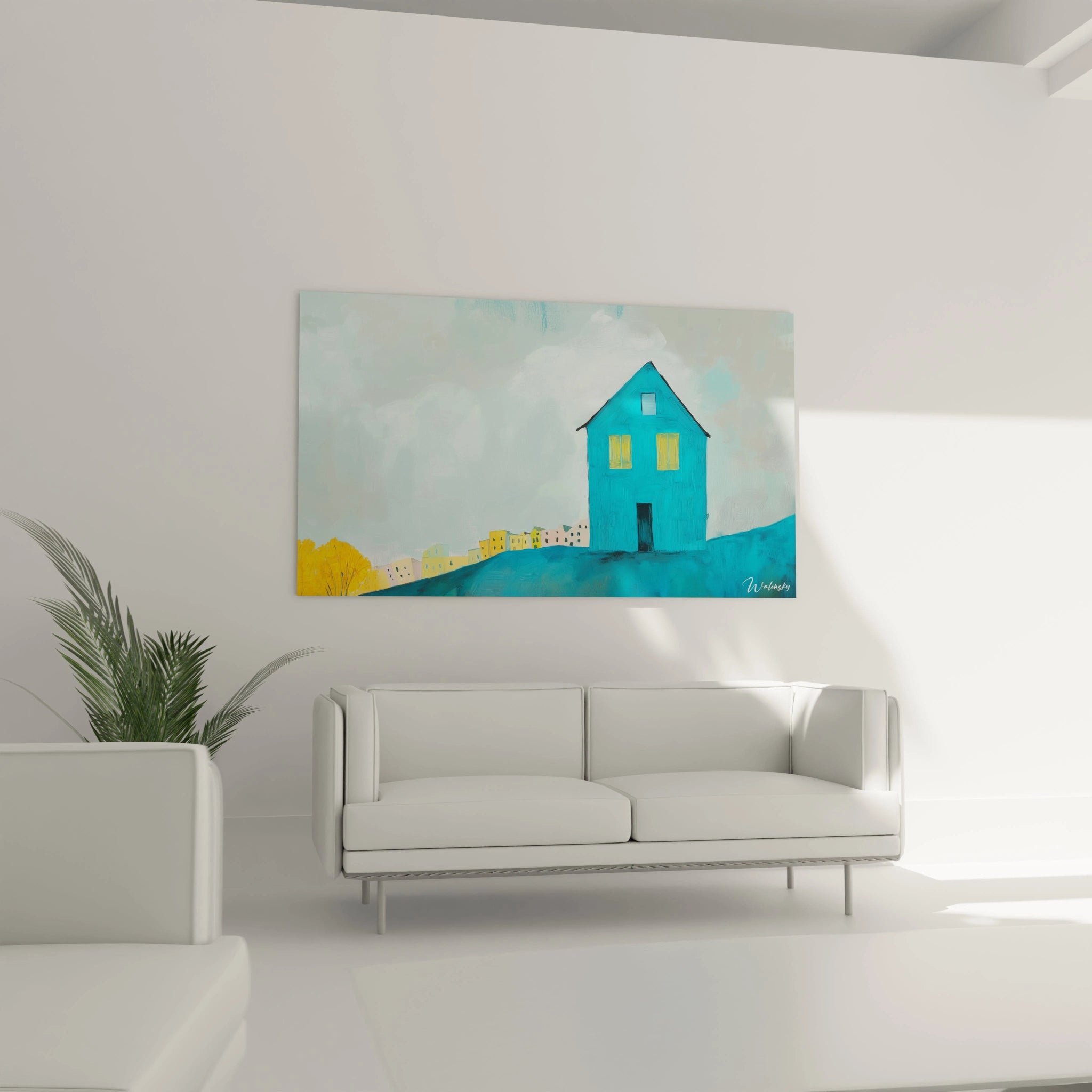 Un tableau Marc Chagall avec une maison bleue texturée, des fenêtres jaunes et un ciel clair aux effets de coups de pinceau visibles, accompagné d'arbres jaunes vifs sur le côté gauche.