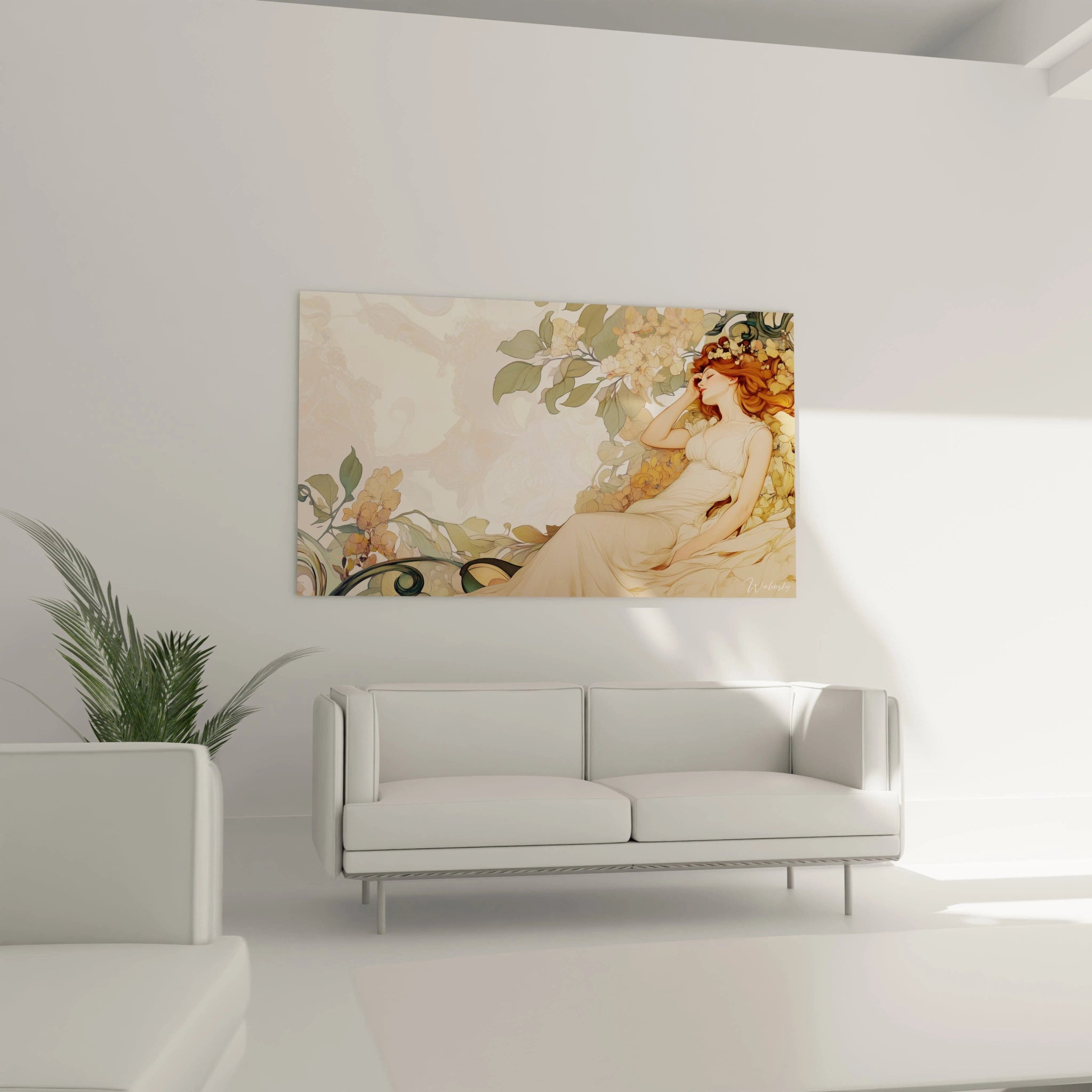 Un tableau Goya montrant une femme endormie, drapée de beige, entourée de fleurs jaunes et de feuilles vertes, avec des textures douces et des lignes fines accentuant les détails floraux.