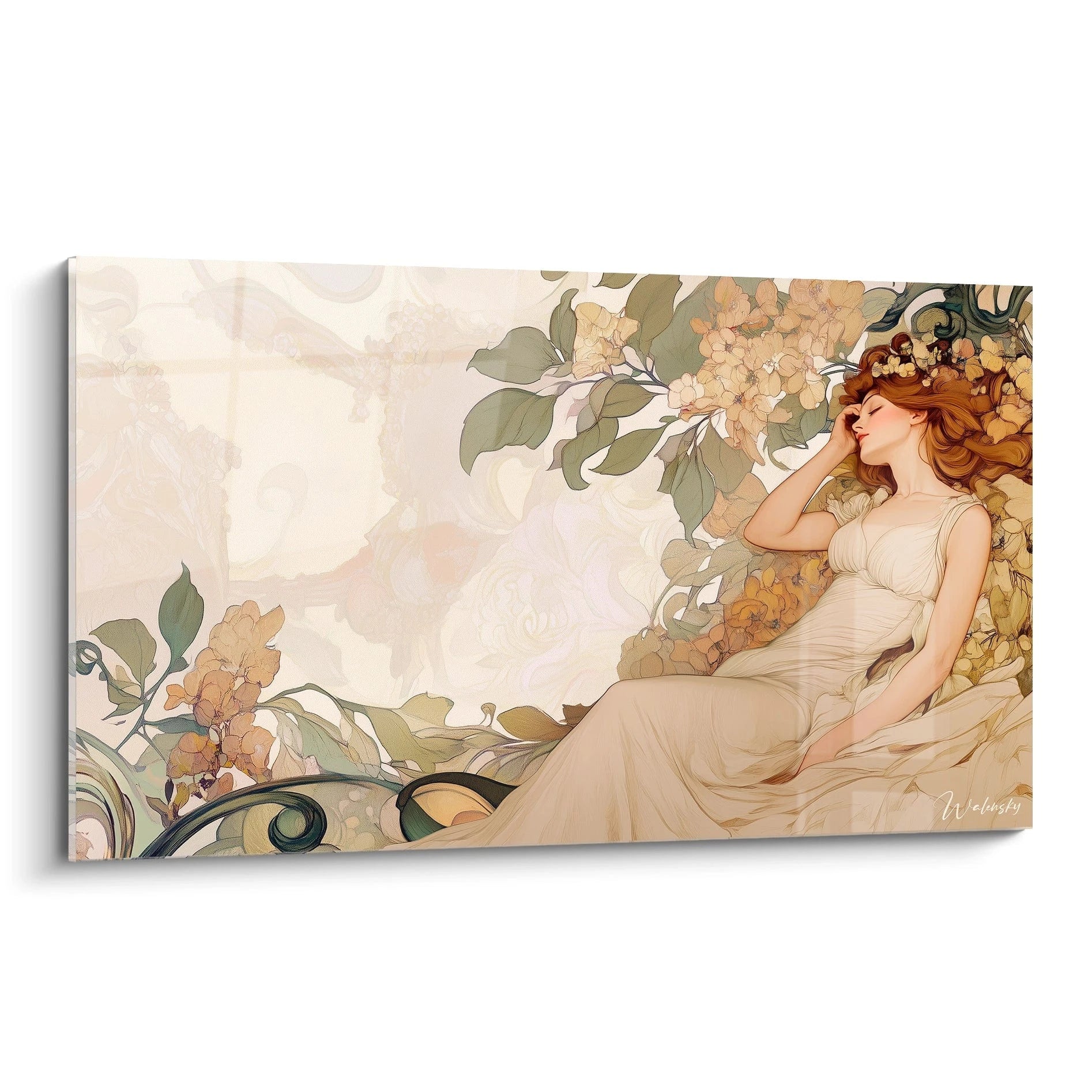 Un tableau Goya représentant une femme allongée, vêtue d'une robe beige, entourée de fleurs aux teintes dorées et de feuillages verts sur un fond clair aux textures lisses et détaillées.