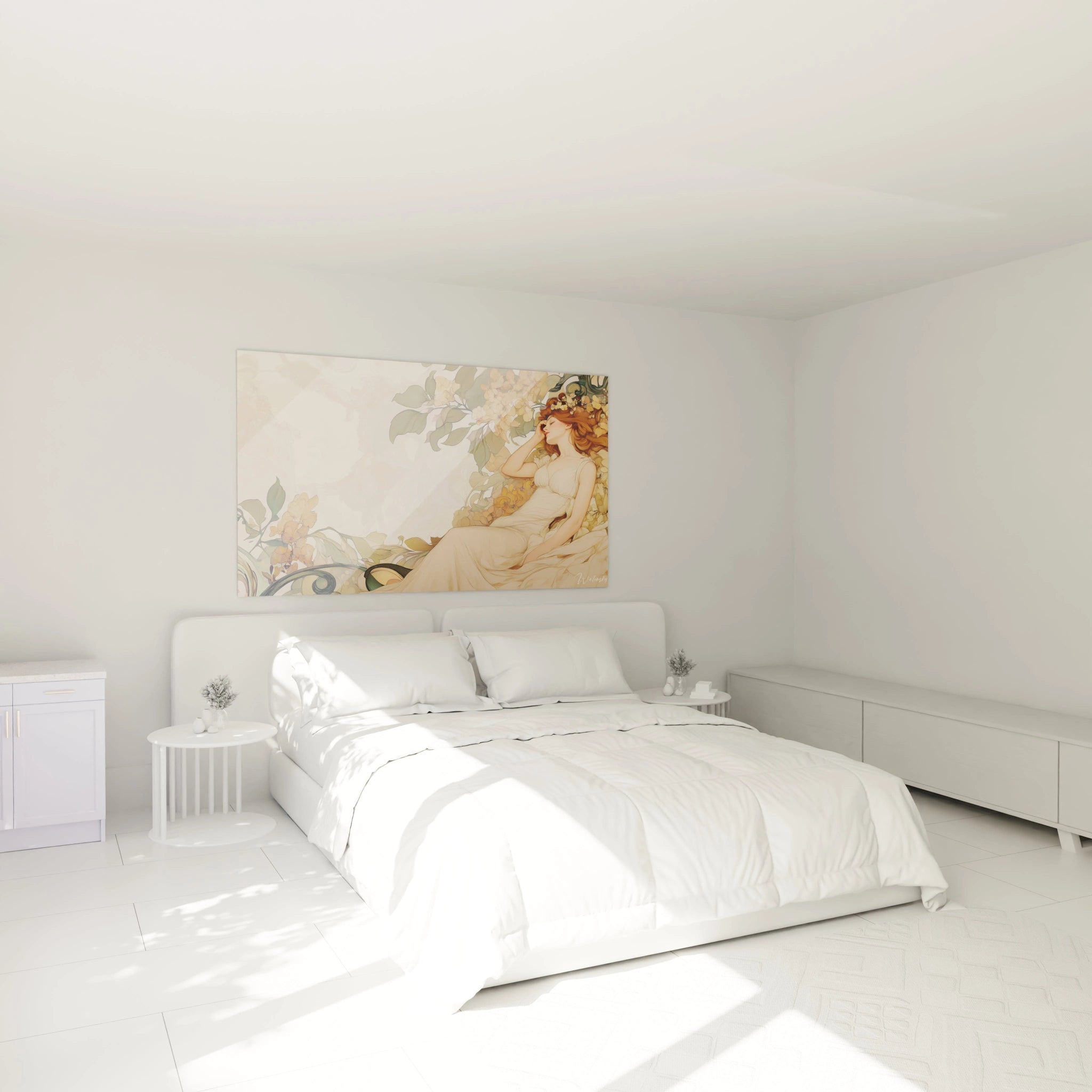 Tableau Goya illustrant une femme aux cheveux bruns, posée sur un lit floral avec des nuances de beige, or et vert, présentant des motifs végétaux aux contours fluides et délicats.