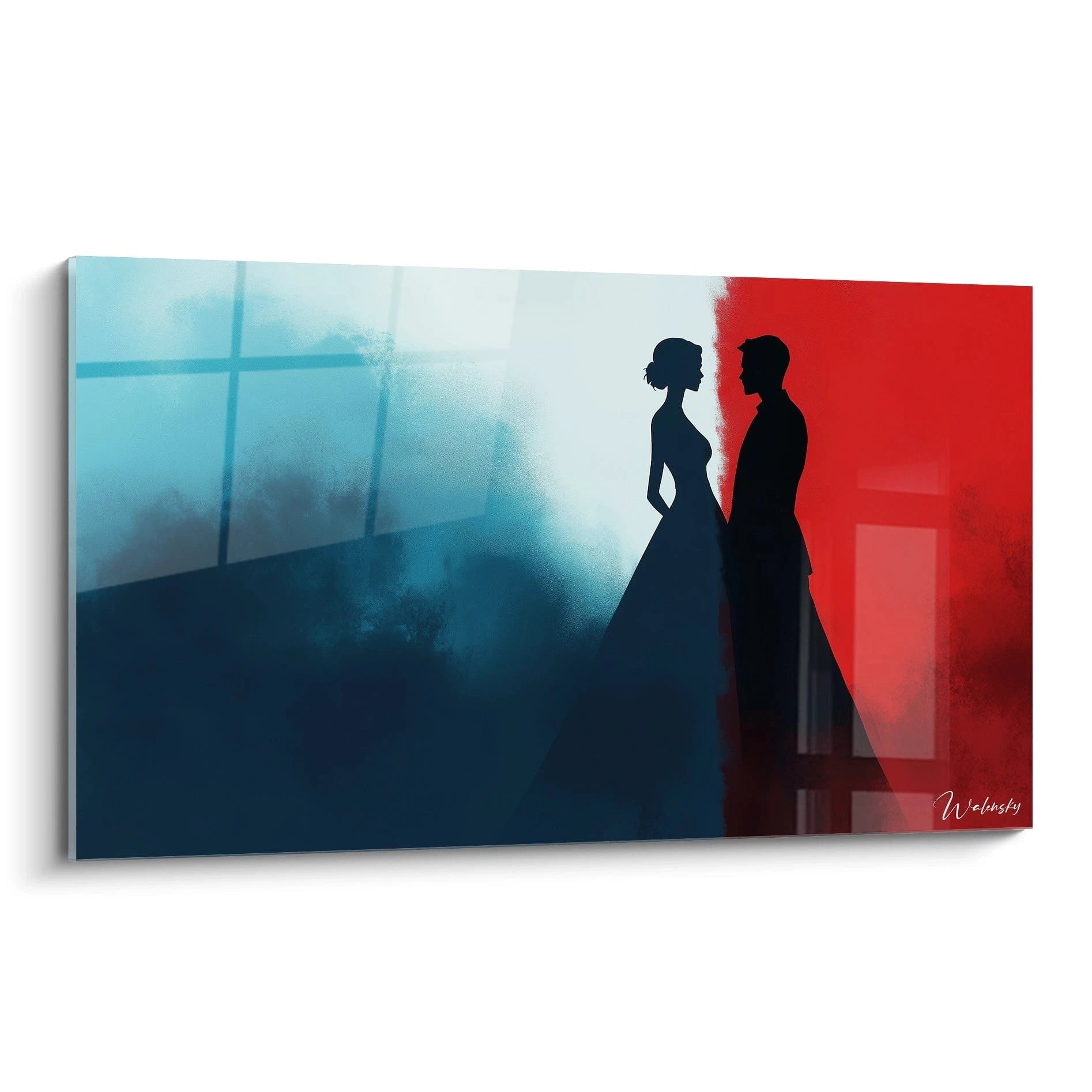 Un tableau Marc Chagall représentant deux silhouettes noires, un homme et une femme, sur un fond dégradé bleu à gauche et rouge vif à droite, avec des textures brumeuses et douces.