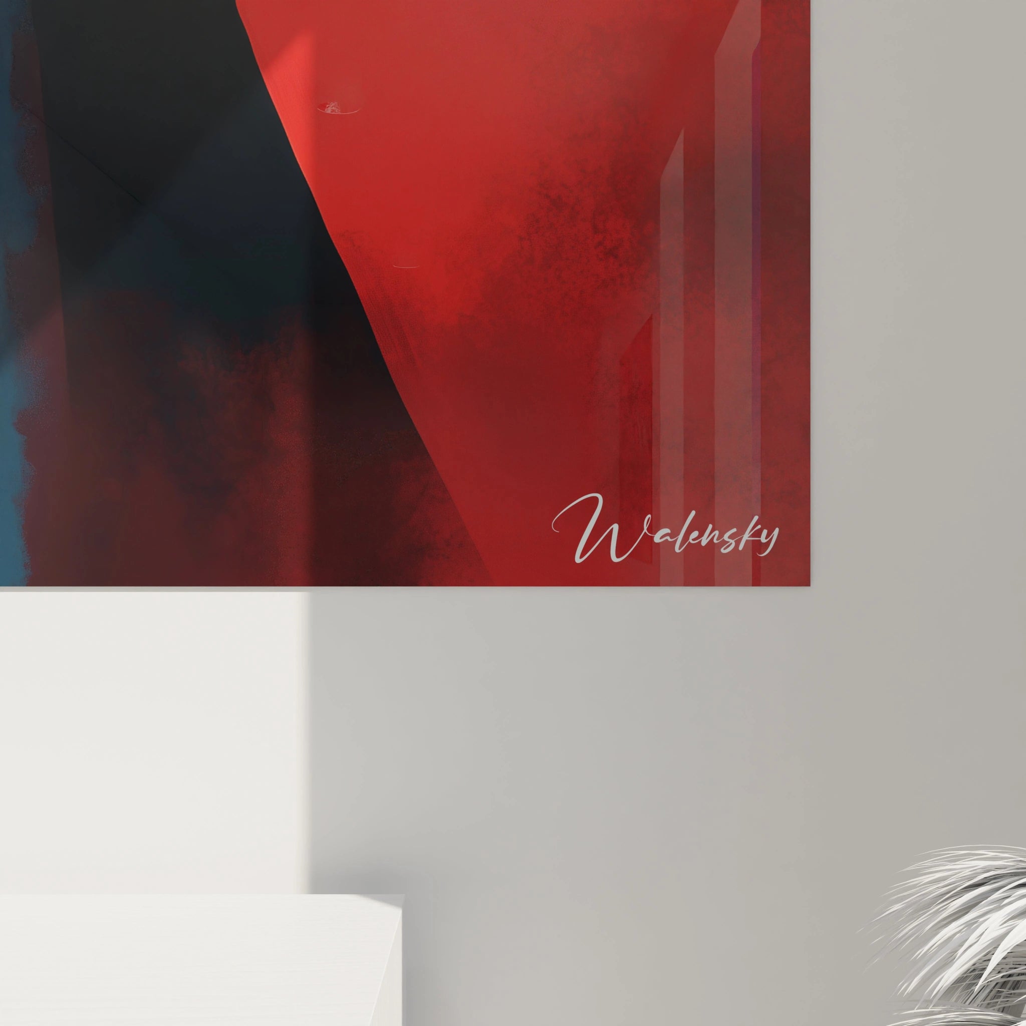 Un tableau Marc Chagall avec deux figures humaines stylisées, encadrées par des couleurs dominantes : bleu dégradé à gauche, rouge intense à droite, et des contours nets sur un fond flou.