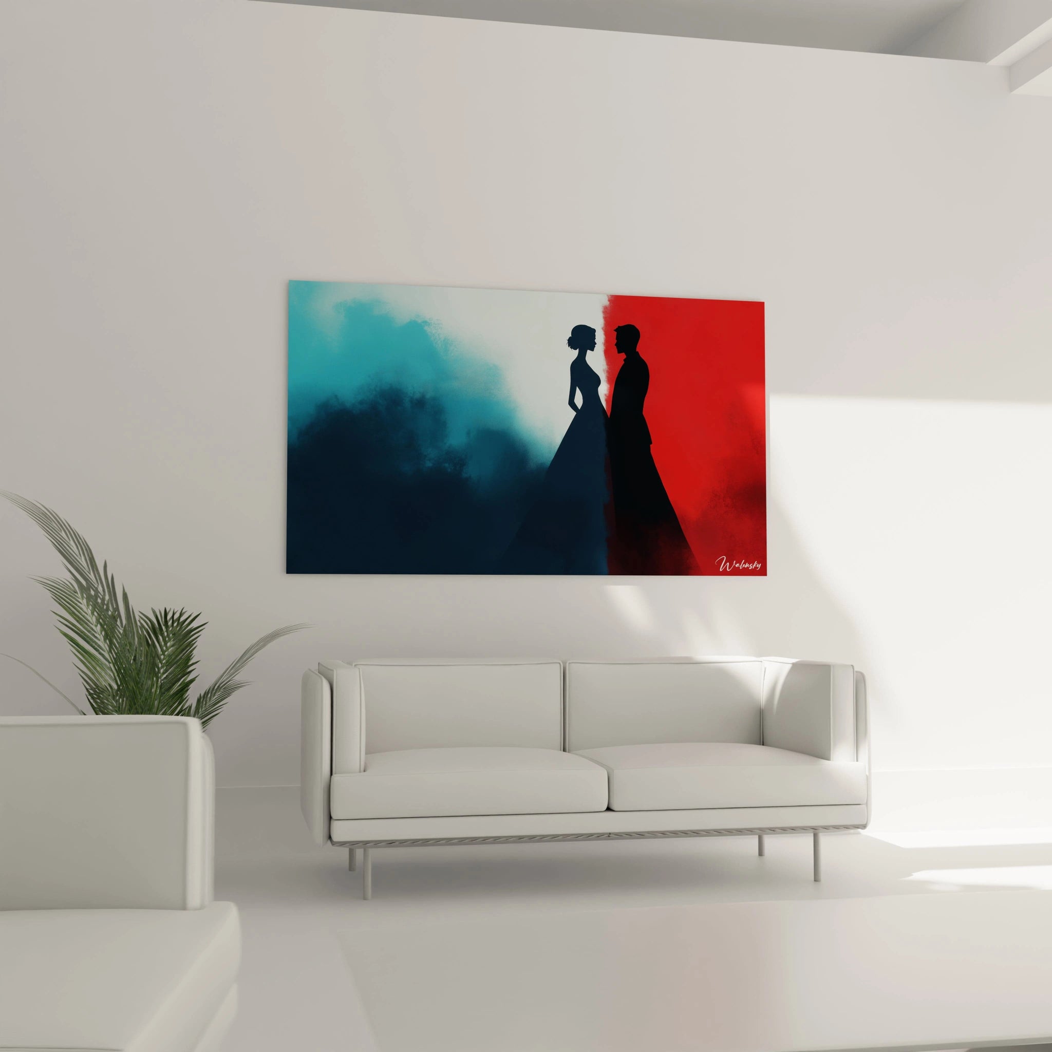 Silhouettes noires d’un homme et d’une femme face à face dans un tableau Marc Chagall, sur un fond texturé avec des nuances de bleu clair, bleu foncé et rouge vif.