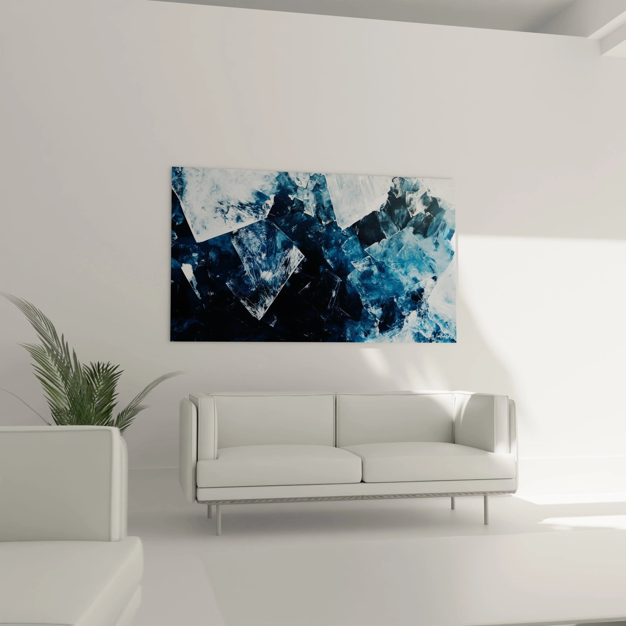 Un tableau Caspar David Friedrich montrant des plaques de glace éclatées, bordées de givres et de fissures détaillées. Les couleurs principales sont le bleu glacial, le blanc opaque et le noir profond, créant un effet visuel stratifié.
