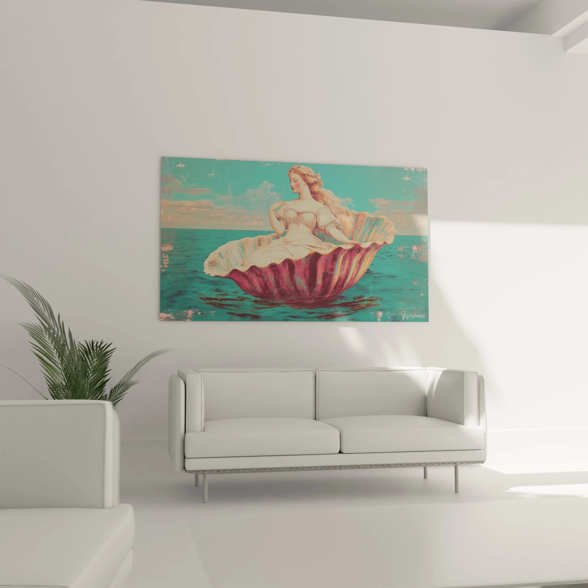 Un tableau artistique abstrait montrant une silhouette féminine dans une composition maritime, avec des tons bleu clair, or, rose et beige, ainsi que des textures vieillies et des reflets lumineux sur l’eau.