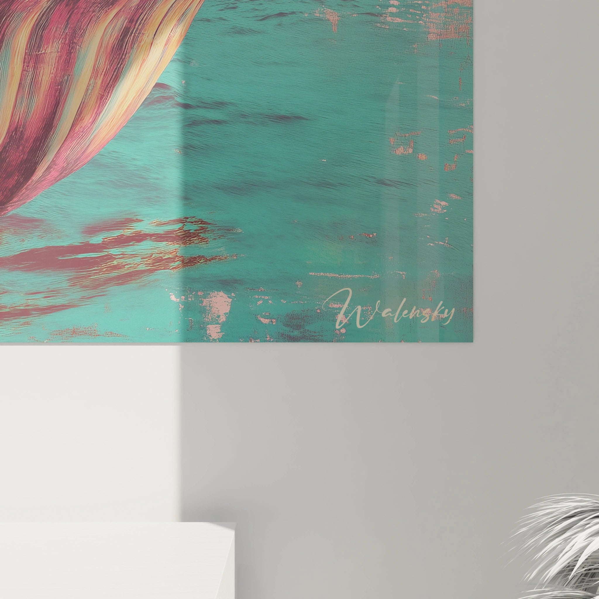 Un tableau artistique abstrait représentant une femme aux cheveux longs dans une coquille, entourée de textures aquatiques et de tons pastel, avec des effets visuels usés et un ciel légèrement nuageux.