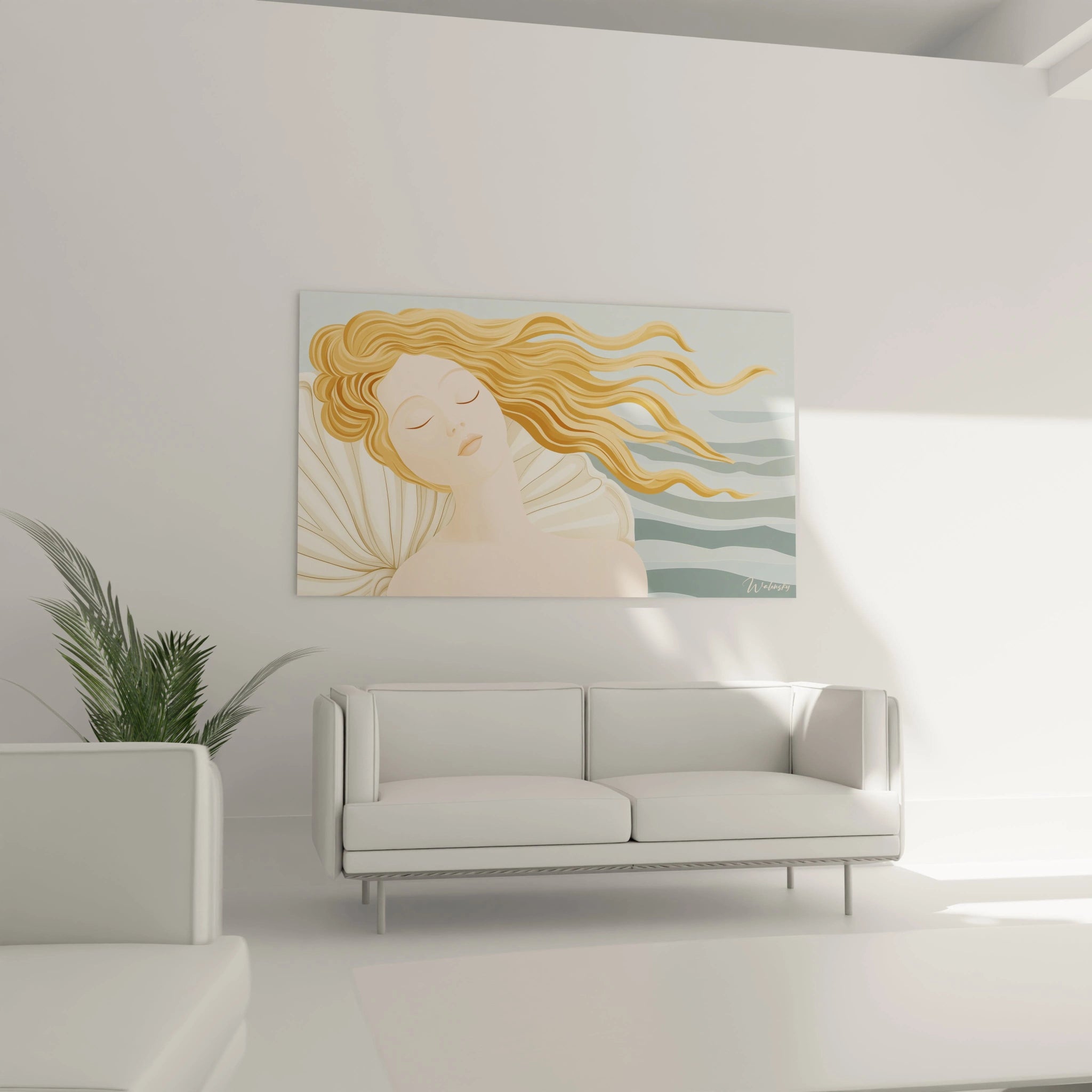 Un tableau artistique abstrait centré sur un visage féminin stylisé, avec une chevelure ondoyante en tons dorés, contrastant avec un fond de vagues bleues et beiges aux effets fluides et lissés.