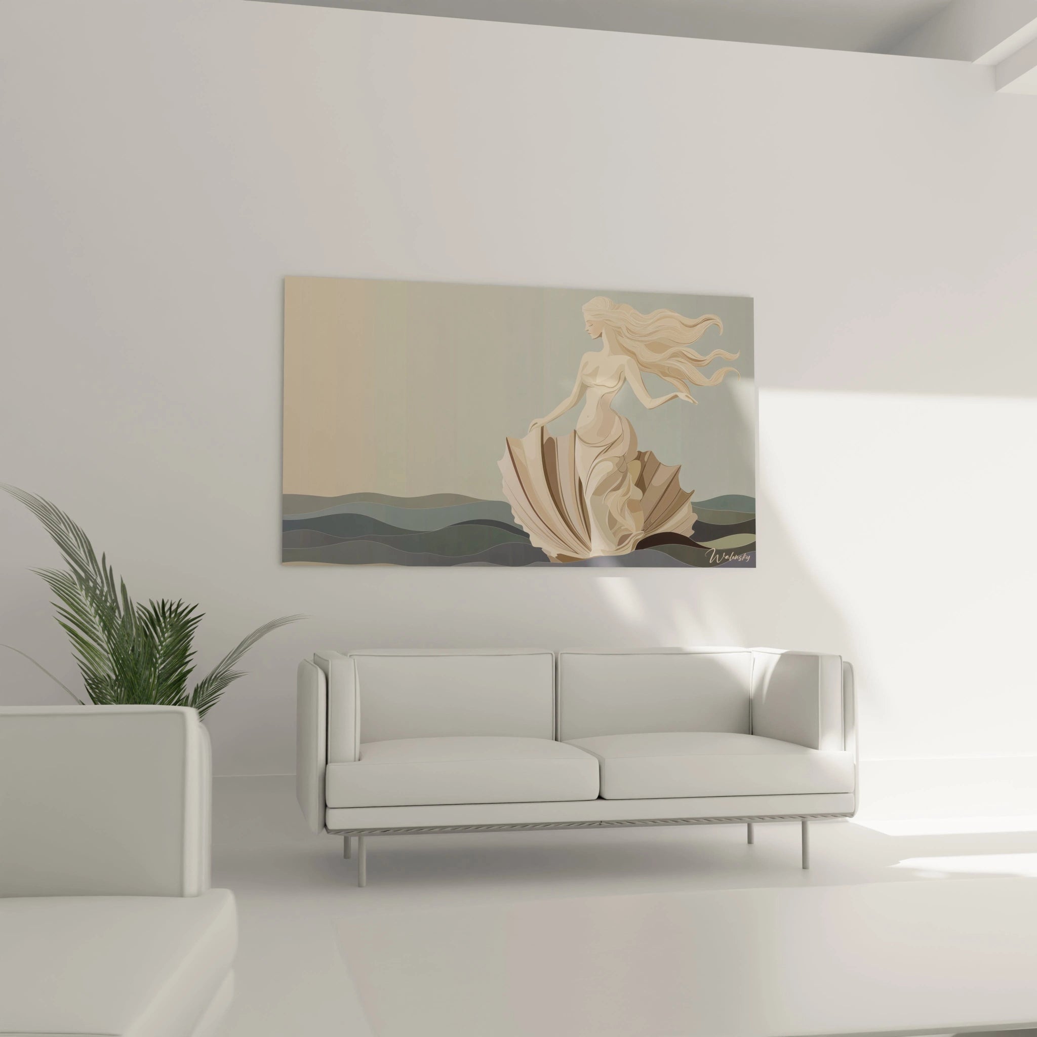 Un tableau artistique abstrait affichant une silhouette féminine allongée, avec des couleurs beige et marine, des contours délicats et des effets de superposition créant un rendu fluide.