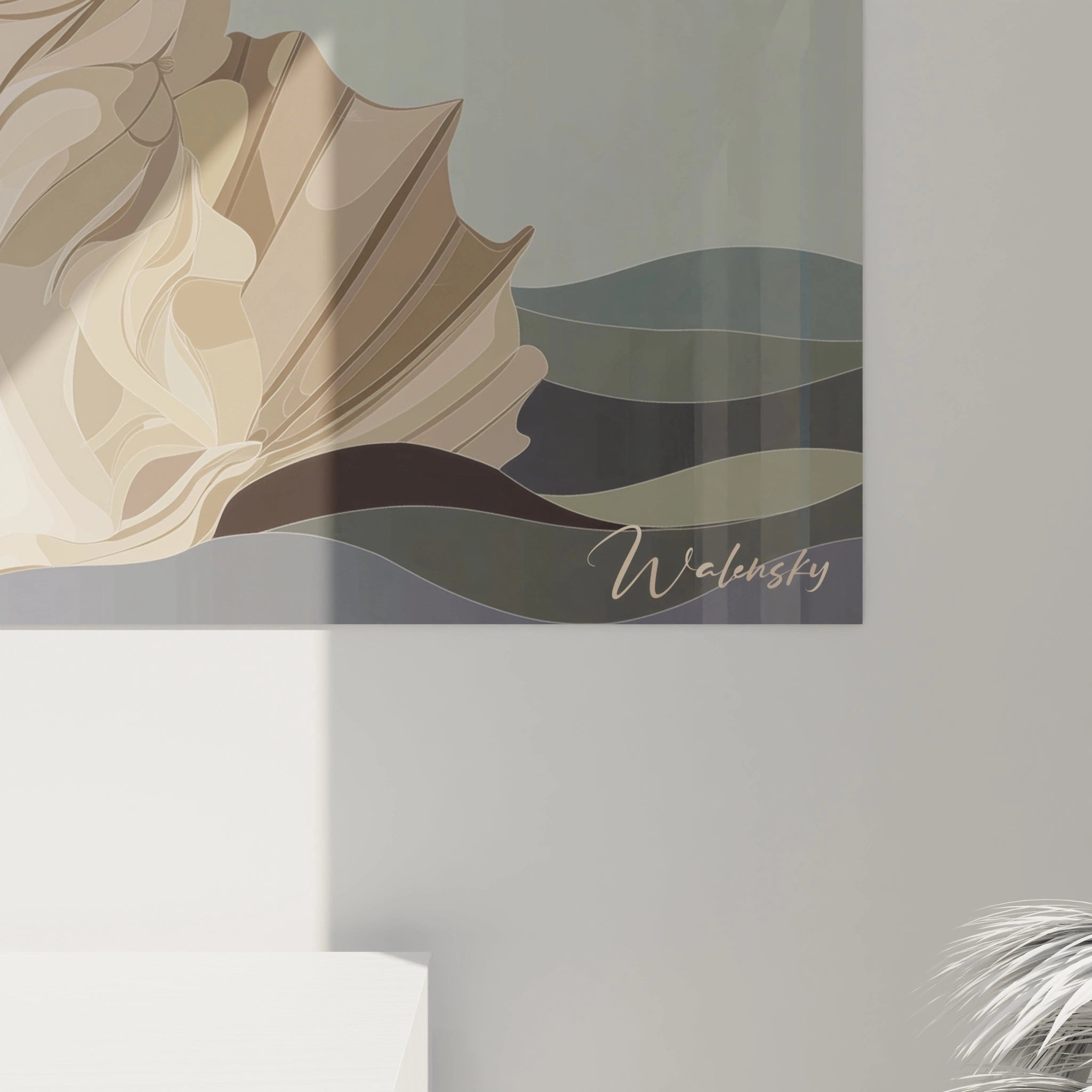 Un tableau artistique abstrait combinant des tons beige, bleu et marron, où les vagues et la chevelure forment des courbes harmonieuses, avec une finition texturée et des contrastes subtils.