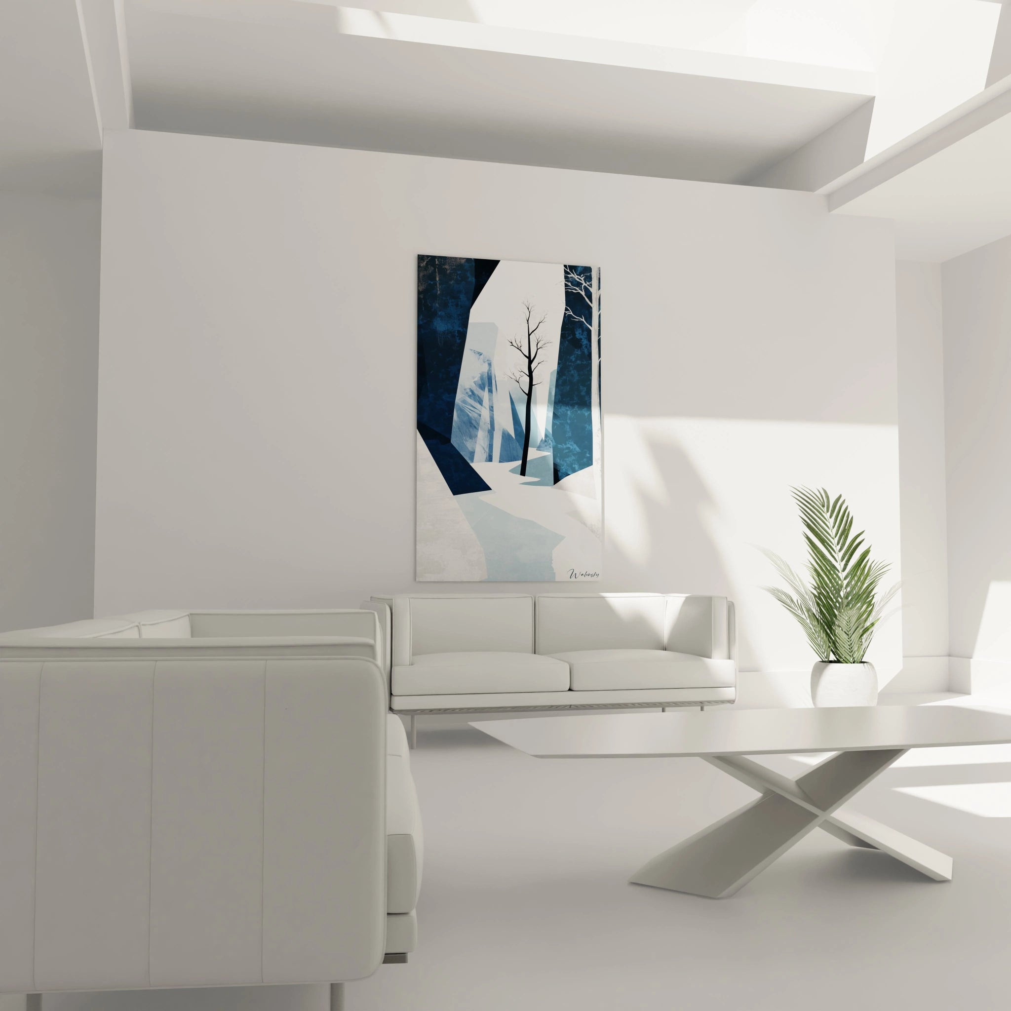 Un tableau Alfred Sisley mettant en avant un décor abstrait de montagnes enneigées et de roches sombres. Les formes angulaires et les aplats de blanc et de bleu créent des contrastes nets et des jeux de lumière.