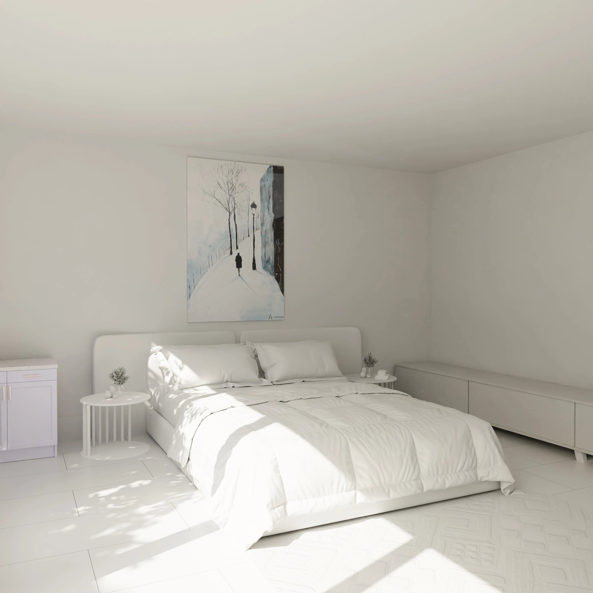 Un tableau Alfred Sisley illustrant une scène urbaine enneigée avec des arbres dénudés, un lampadaire et une silhouette sombre. Les tons froids de bleu et blanc contrastent avec les ombres noires et les touches de textures.