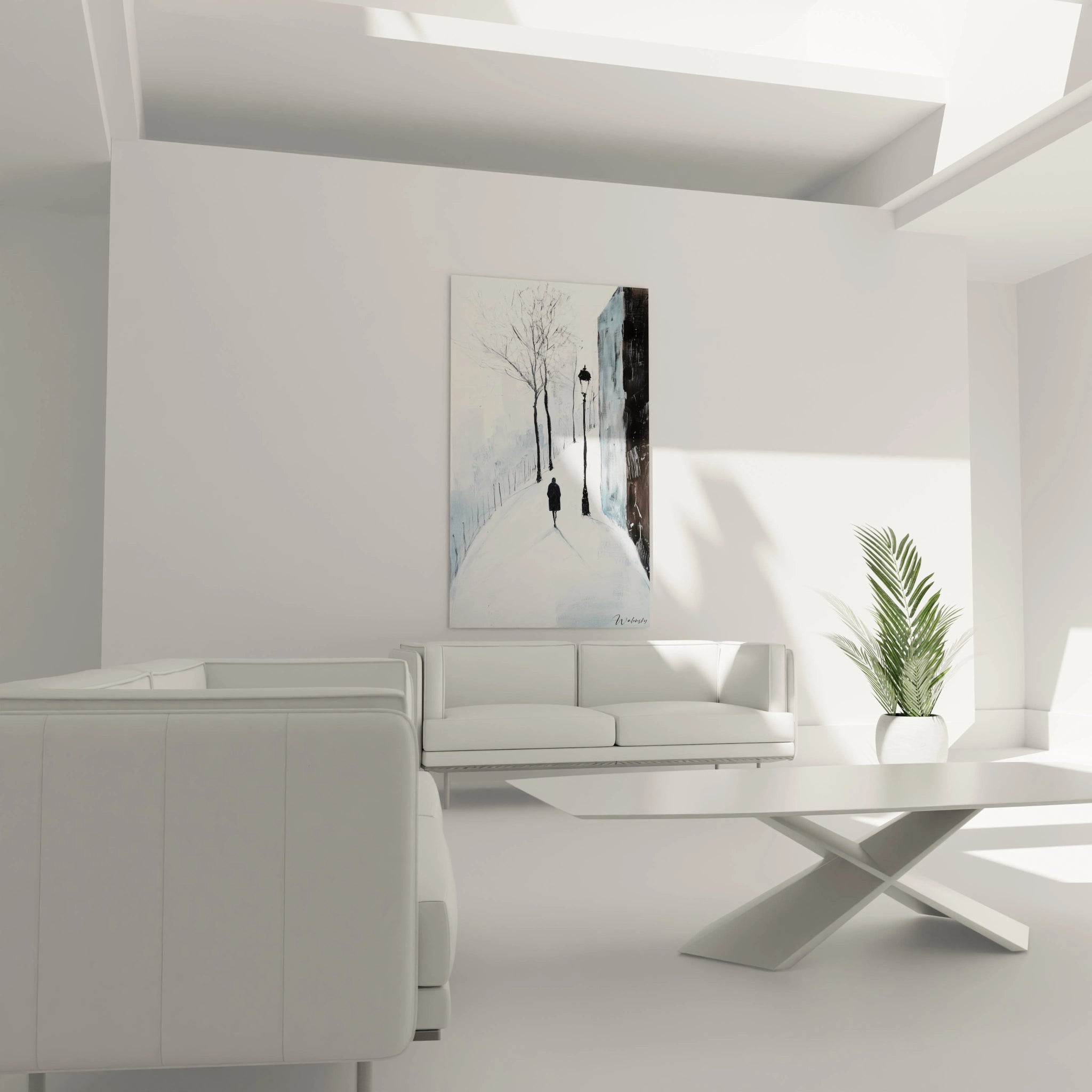 Un tableau Alfred Sisley mettant en scène une rue inclinée bordée d’arbres et de barrières, où un personnage marche dans la neige. Les couleurs principales sont le noir, le blanc et le bleu, avec des effets de pinceau visibles.