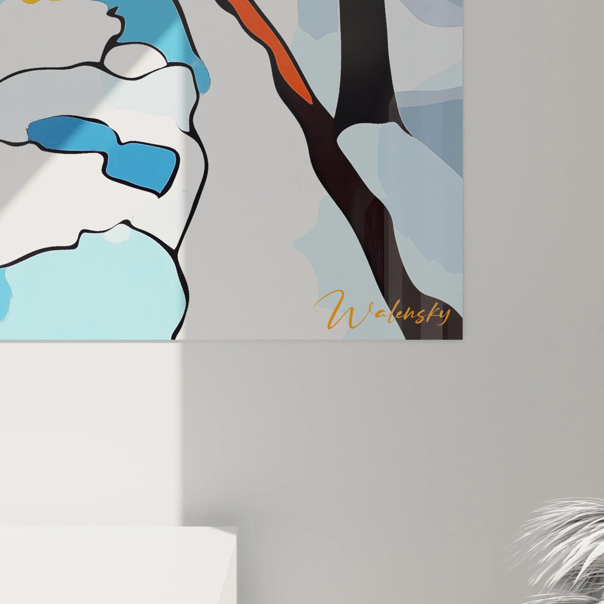 Un tableau Alfred Sisley représentant un décor hivernal urbain, avec des structures géométriques aux couleurs éclatantes. La neige est accentuée par des touches de bleu et de rouge, et les arbres créent un réseau de lignes sombres.