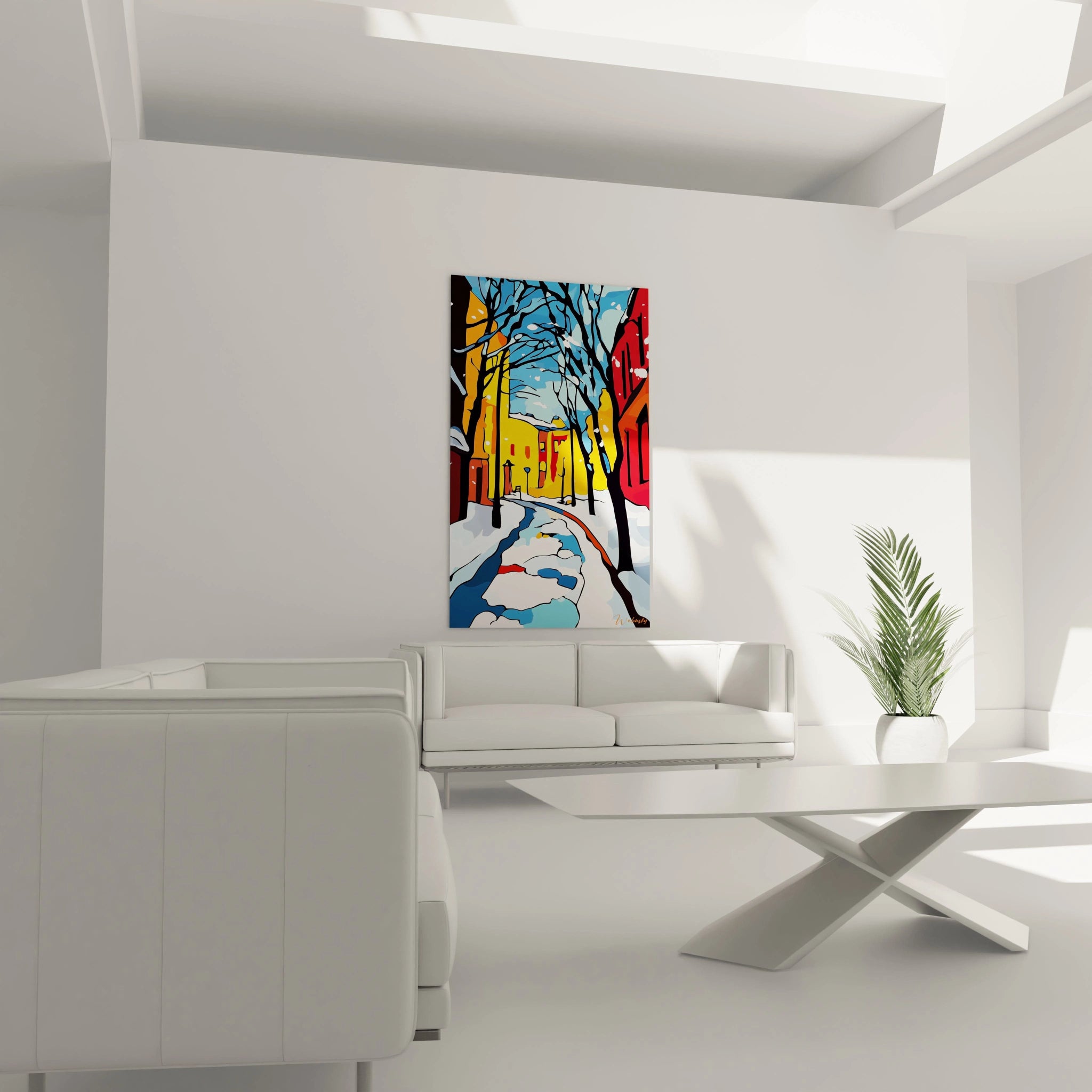 Un tableau Alfred Sisley mettant en scène une rue sinueuse bordée d’arbres et de bâtiments colorés. Les branches noires se détachent sur un ciel bleu, et la neige au sol présente des reflets en jaune, bleu et rouge.