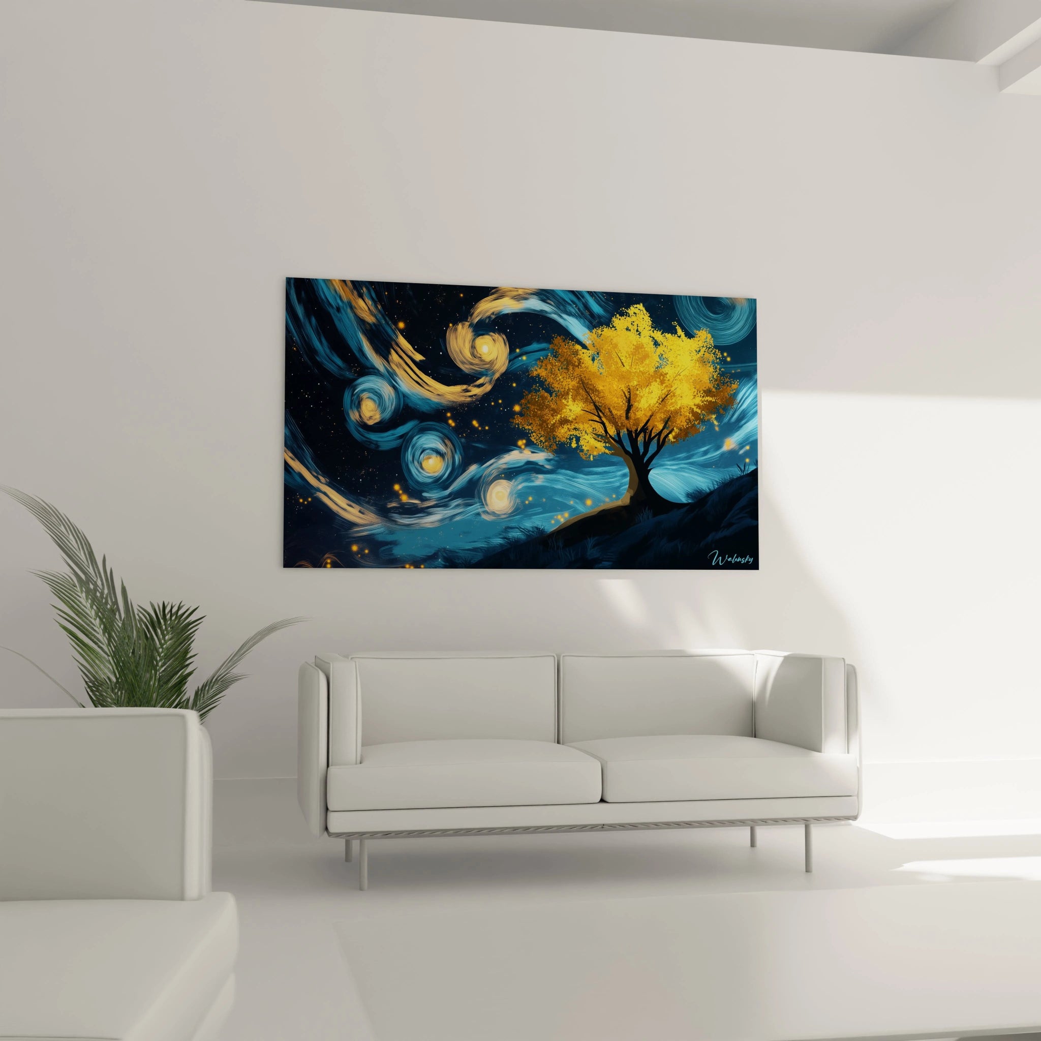 Une composition de tableau Vincent Van Gogh avec un ciel nocturne bleu marine, des spirales jaunes vibrantes, et un arbre au feuillage doré, enrichi par des textures contrastées et dynamiques.