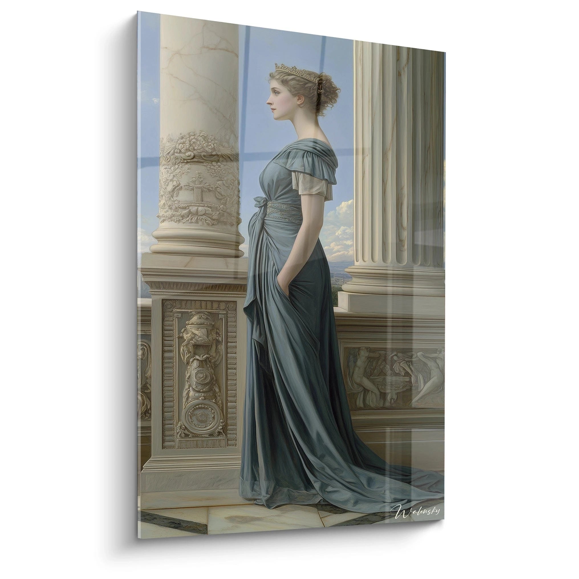 Un tableau Pierre-Auguste Renoir représentant une femme de profil portant une couronne, vêtue d'une robe bleu-gris, entourée de colonnes beiges avec des détails sculptés et des textures lisses.
