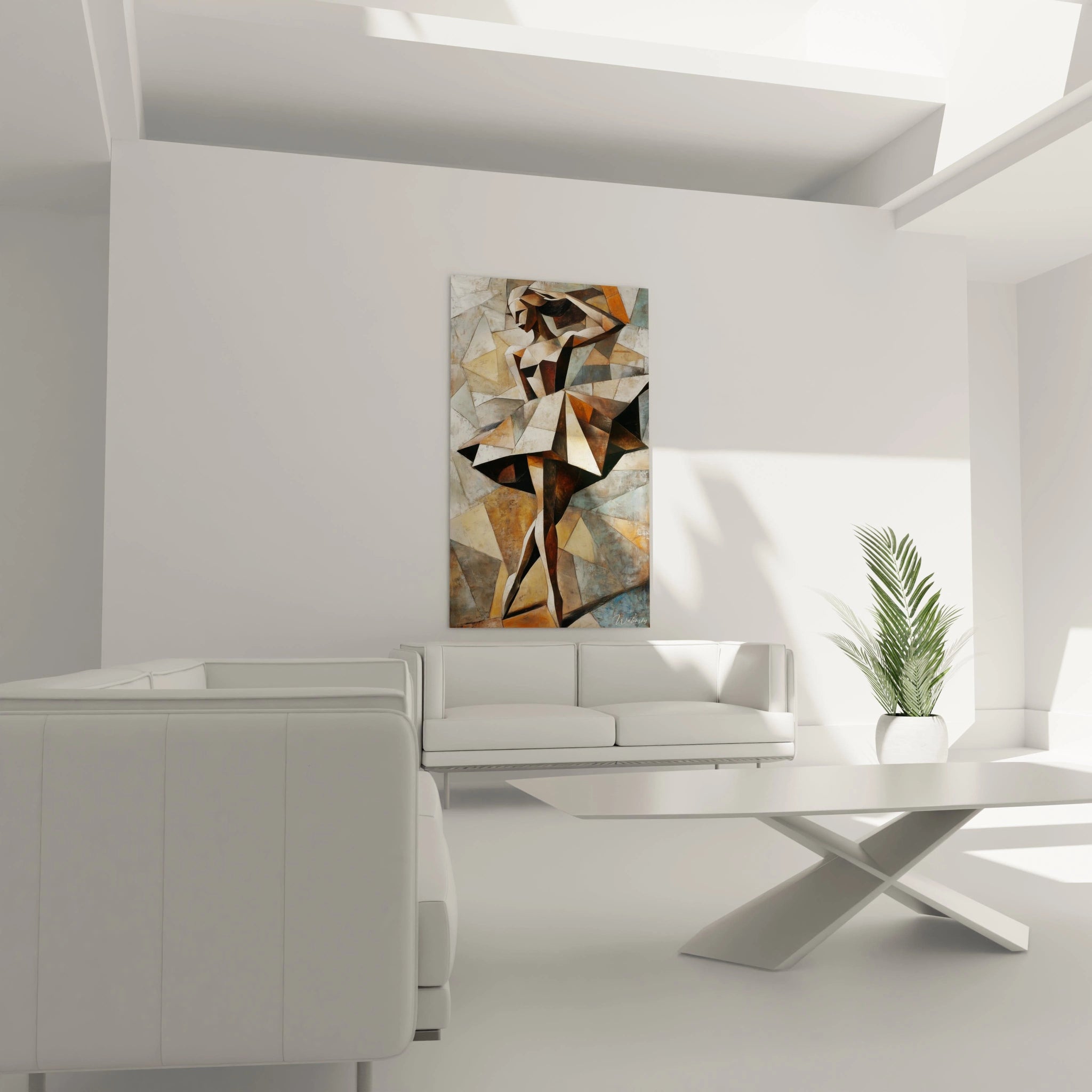 Un tableau Edgar Degas montrant une composition abstraite d’une danseuse, avec des lignes nettes, des formes polygonales, et des nuances de marron, beige, orange et gris, créant des contrastes marqués.