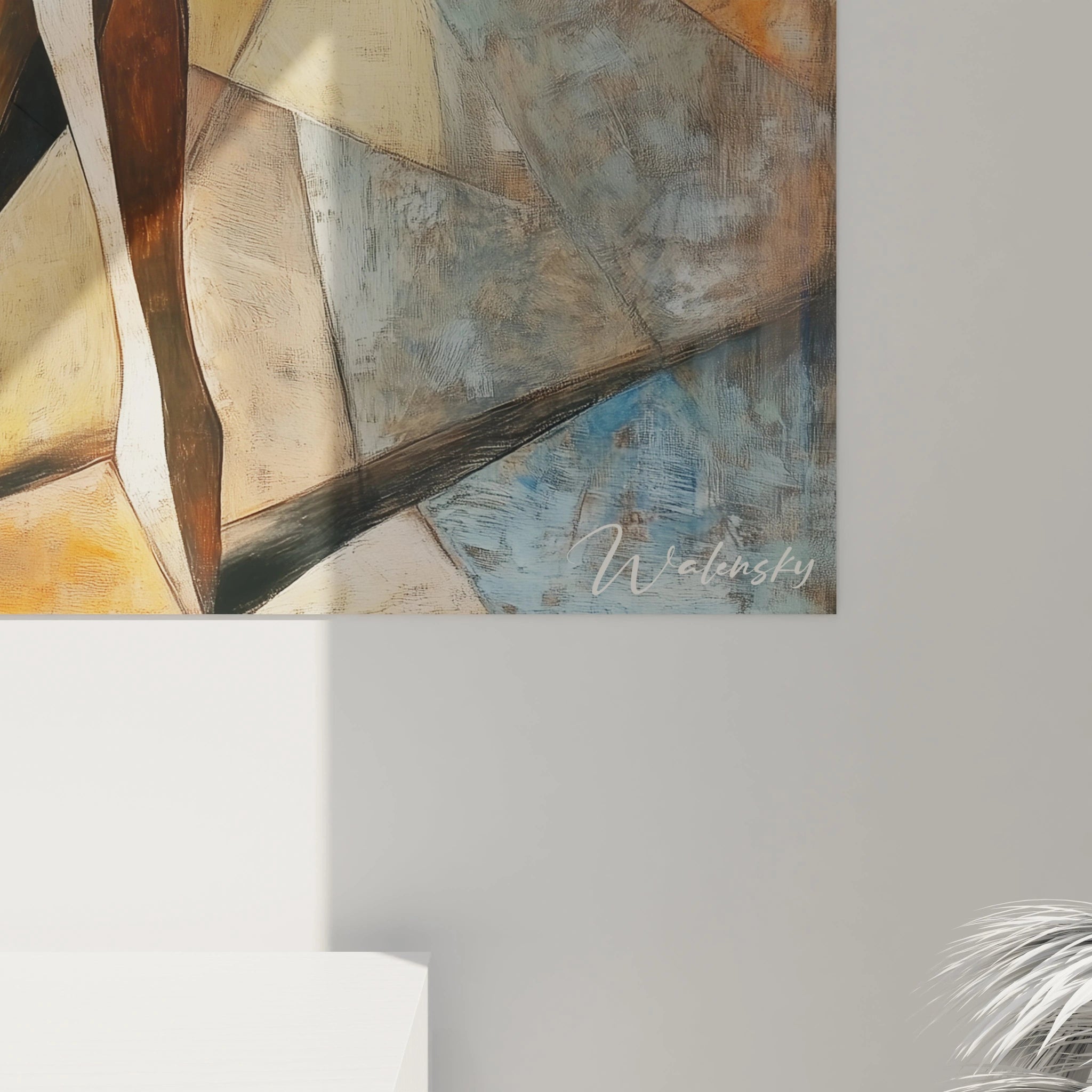 Tableau Edgar Degas représentant une danseuse stylisée, réalisée avec des angles géométriques distincts, des couleurs chaudes comme le marron et l’orange, et des effets de textures visuellement irréguliers.