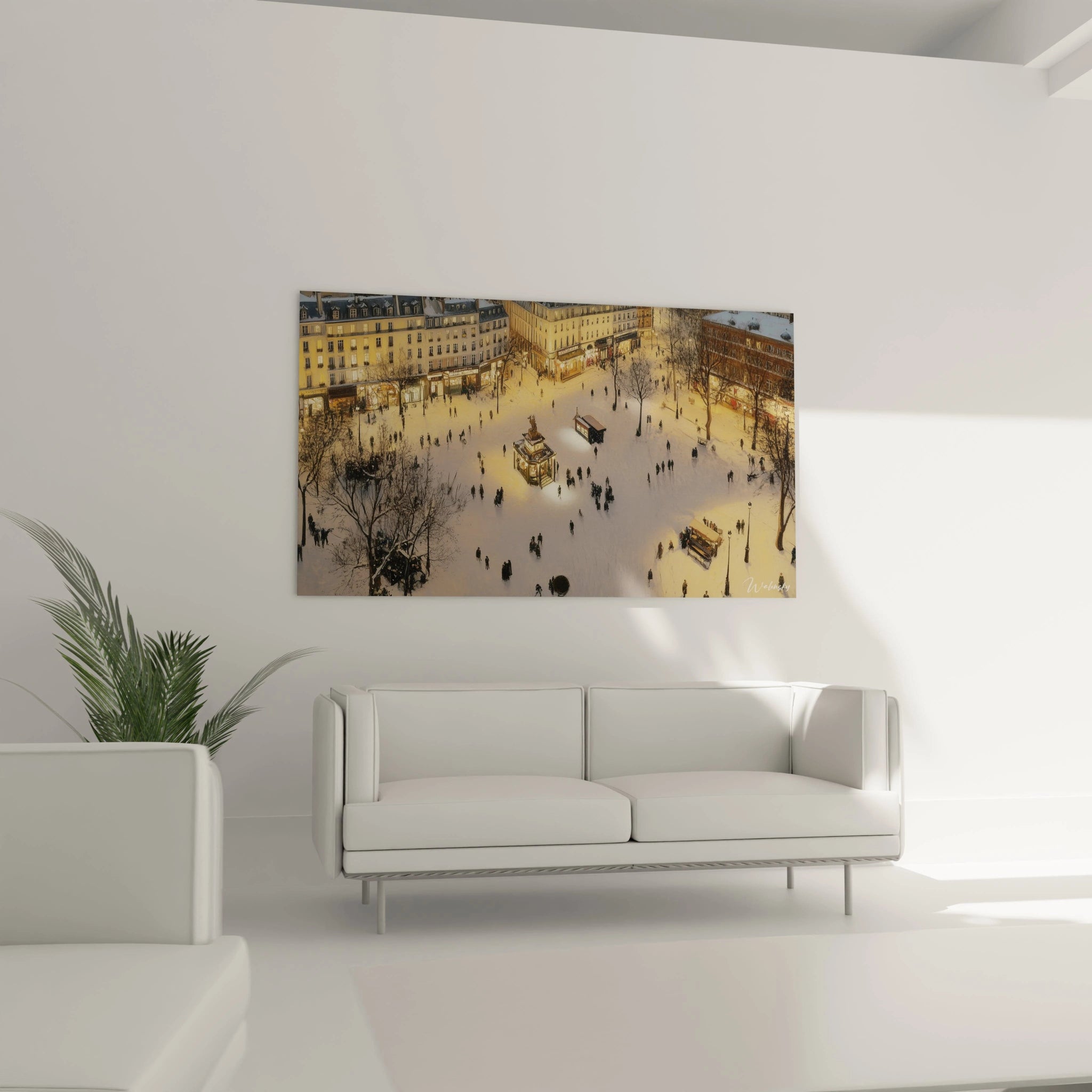 Un tableau Camille Pissarro montrant une vue aérienne d’une place enneigée, bordée d’arbres sombres et de façades détaillées. Les textures du sol et des toits sont accentuées par des teintes jaune, blanc et marron.