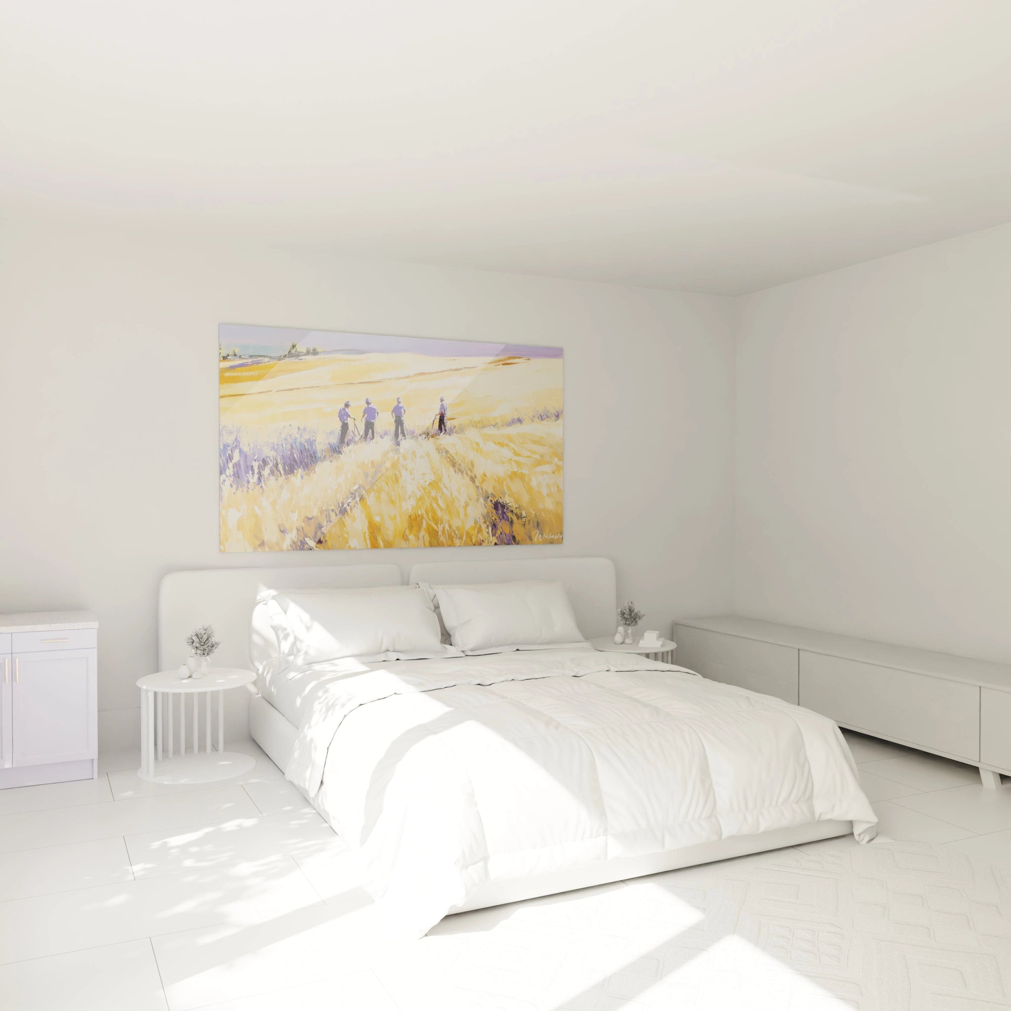 Un tableau Camille Pissarro illustrant un paysage rural avec des travailleurs dans un champ. Les couleurs dominantes, or et violet, se mêlent à des touches de beige, avec des textures fluides et marquées.