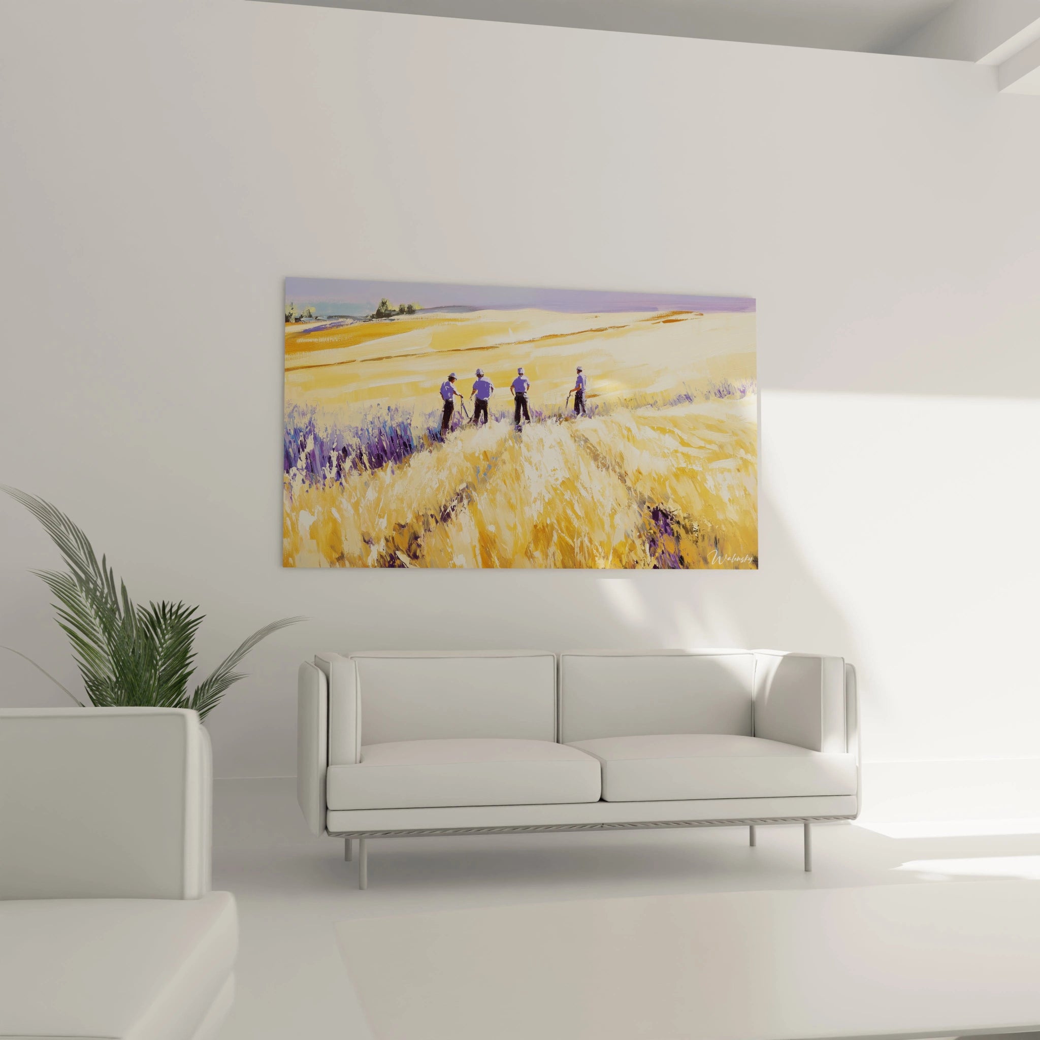 Un tableau Camille Pissarro montrant une scène agricole avec des personnages stylisés dans une prairie dorée. Les teintes beige et or contrastent avec un ciel lavande, accentuées par des coups de pinceau visibles.