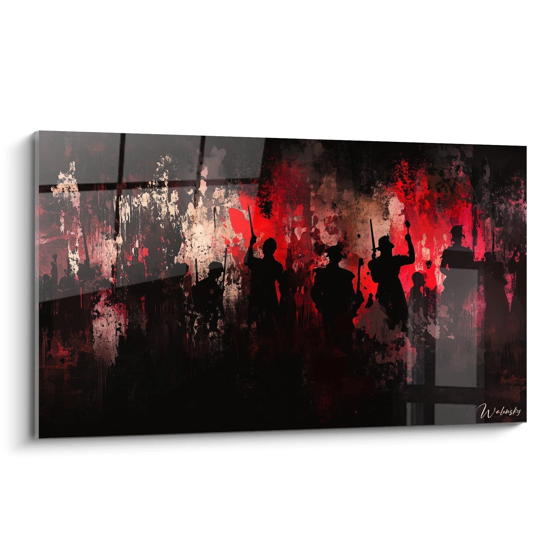 Un tableau Rembrandt van Rijn représentant des silhouettes noires sur fond rouge et beige, avec des textures brutes et des éclaboussures de peinture visibles en arrière-plan.