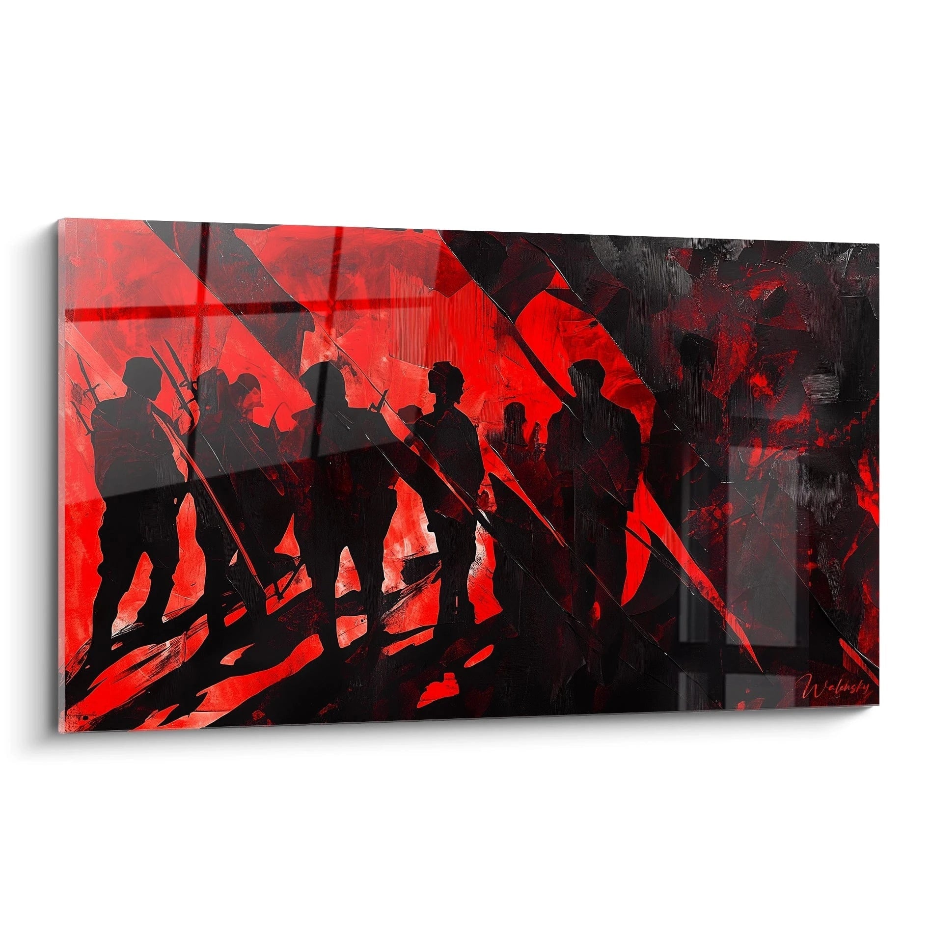 Un tableau artistique abstrait représentant des silhouettes humaines en noir, armées de lances, sur un fond rouge vif avec des formes géométriques et des effets de peinture texturée.
