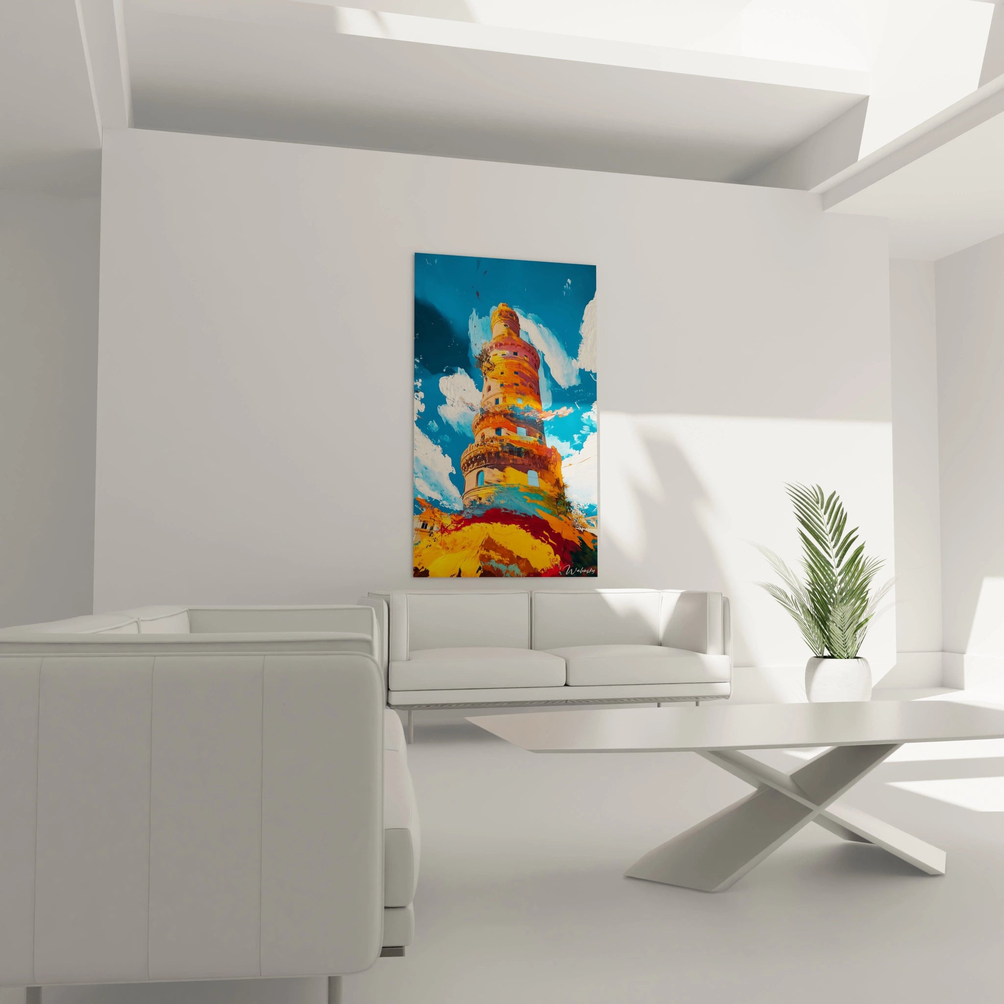 Un tableau Pieter Bruegel l'Ancien mettant en scène une tour ancienne aux couleurs vibrantes, où des tons de jaune, orange et rouge se fondent dans un fond bleu, avec des effets de matière en mouvement.