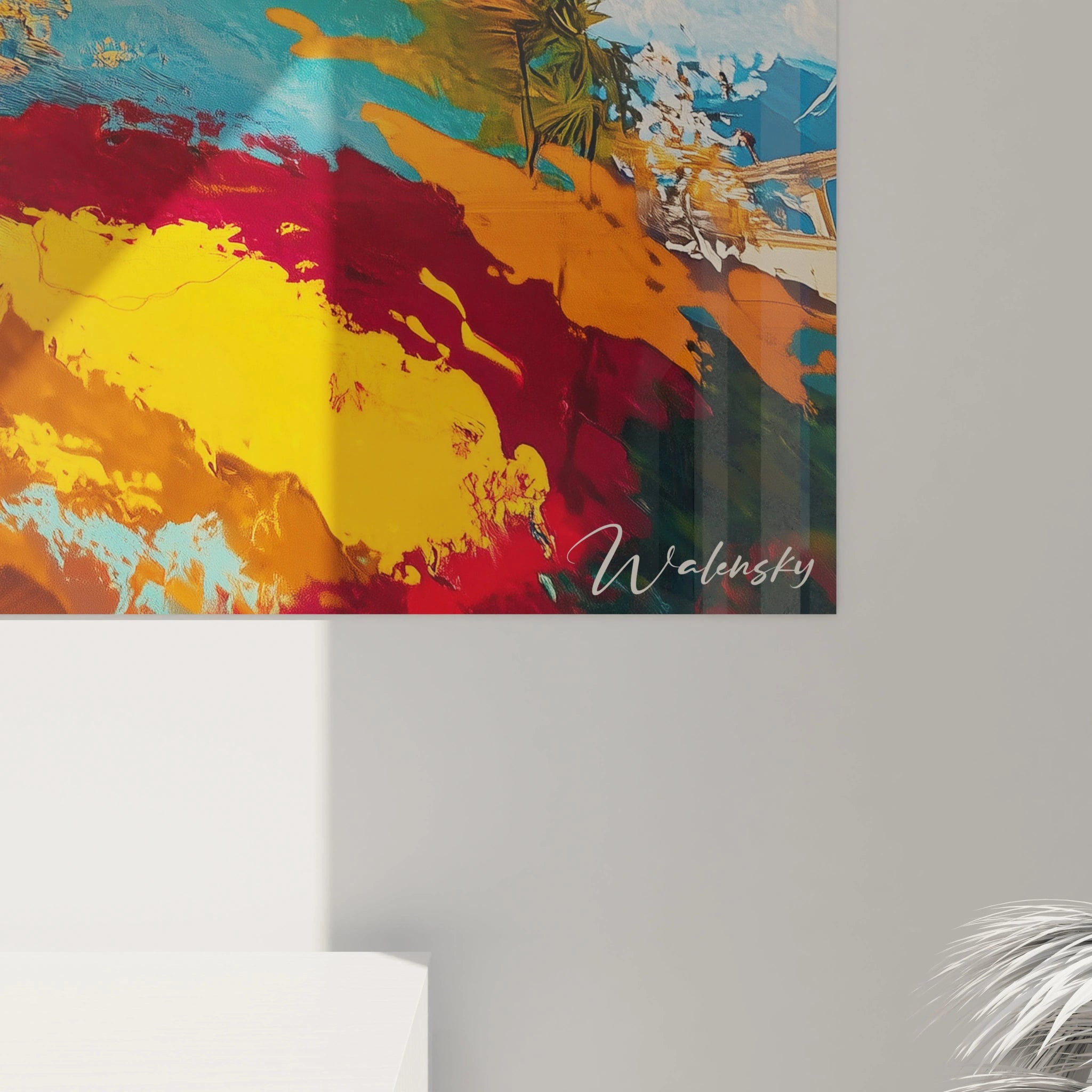 Un tableau Pieter Bruegel l'Ancien représentant un édifice architectural déformé par des touches de peinture, mêlant orange et bleu, avec des textures liquides et des contrastes marqués entre structure et abstraction.