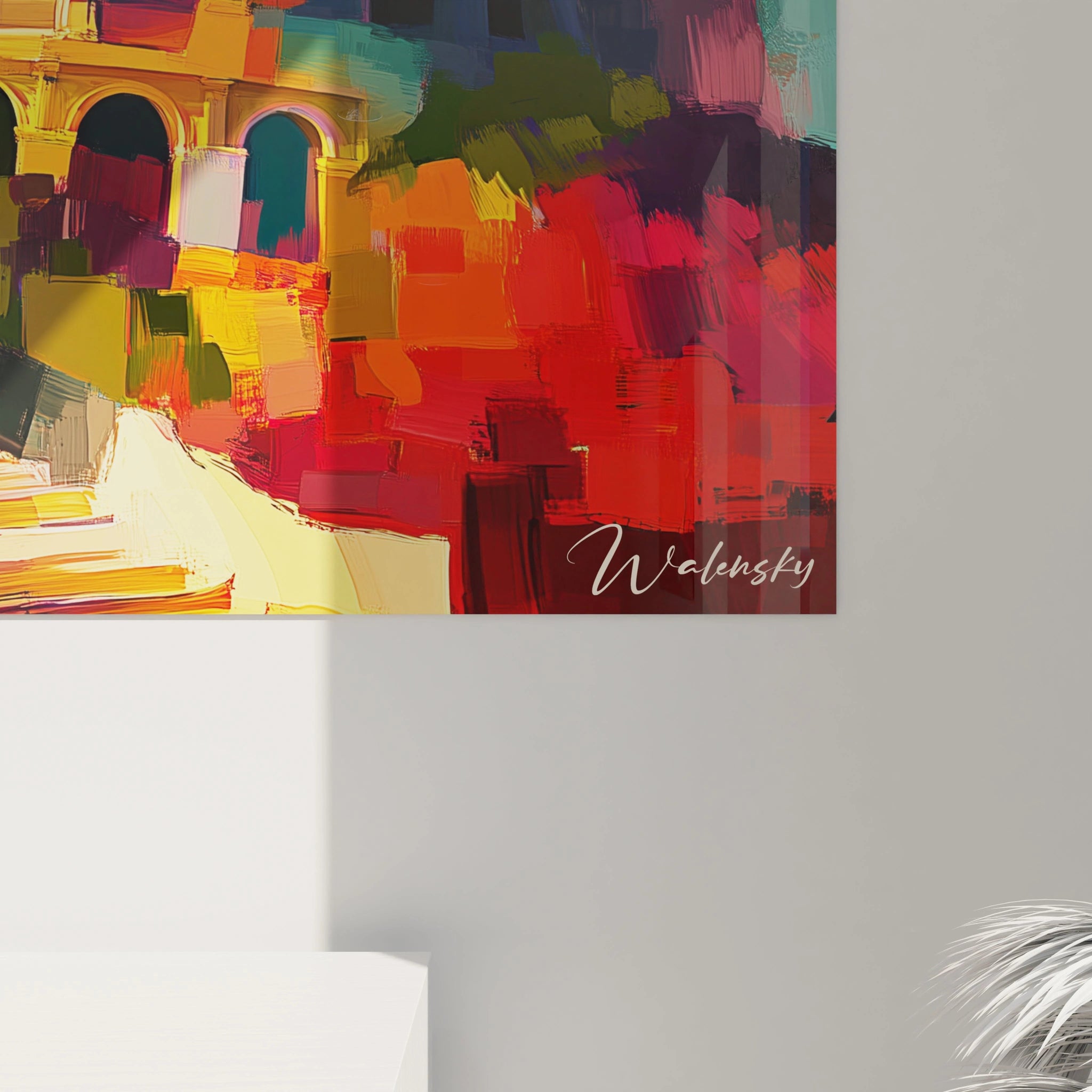 Un tableau Pieter Bruegel l'Ancien représentant une construction en spirale, avec une palette chaude d’orange et de rouge, contrastant avec un ciel bleu, et des textures appliquées en larges coups de pinceau dynamiques.