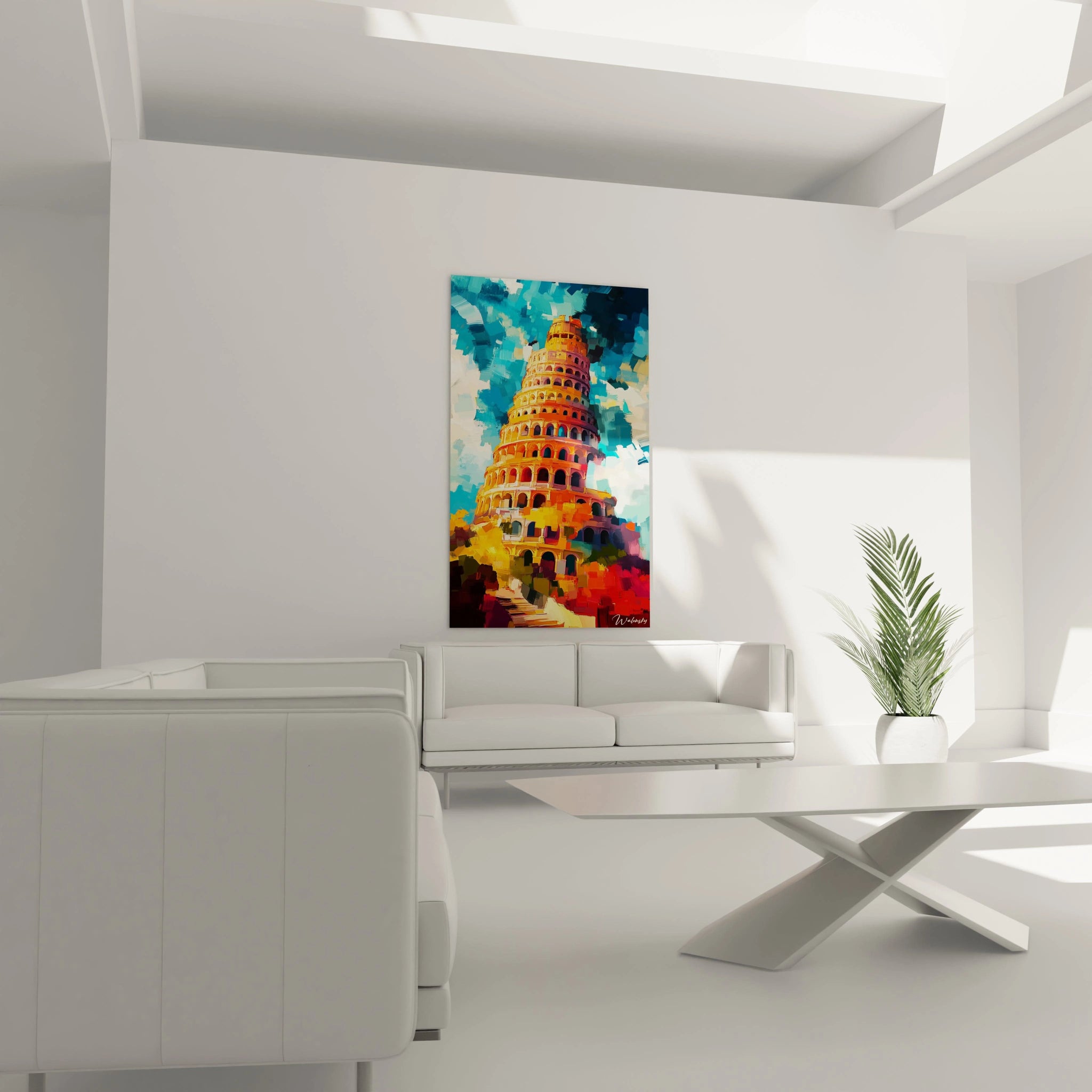 Un tableau Pieter Bruegel l'Ancien mettant en avant une tour ascendante, entourée de formes abstraites aux couleurs vibrantes, avec un contraste entre les détails architecturaux nets et des touches picturales expressives.