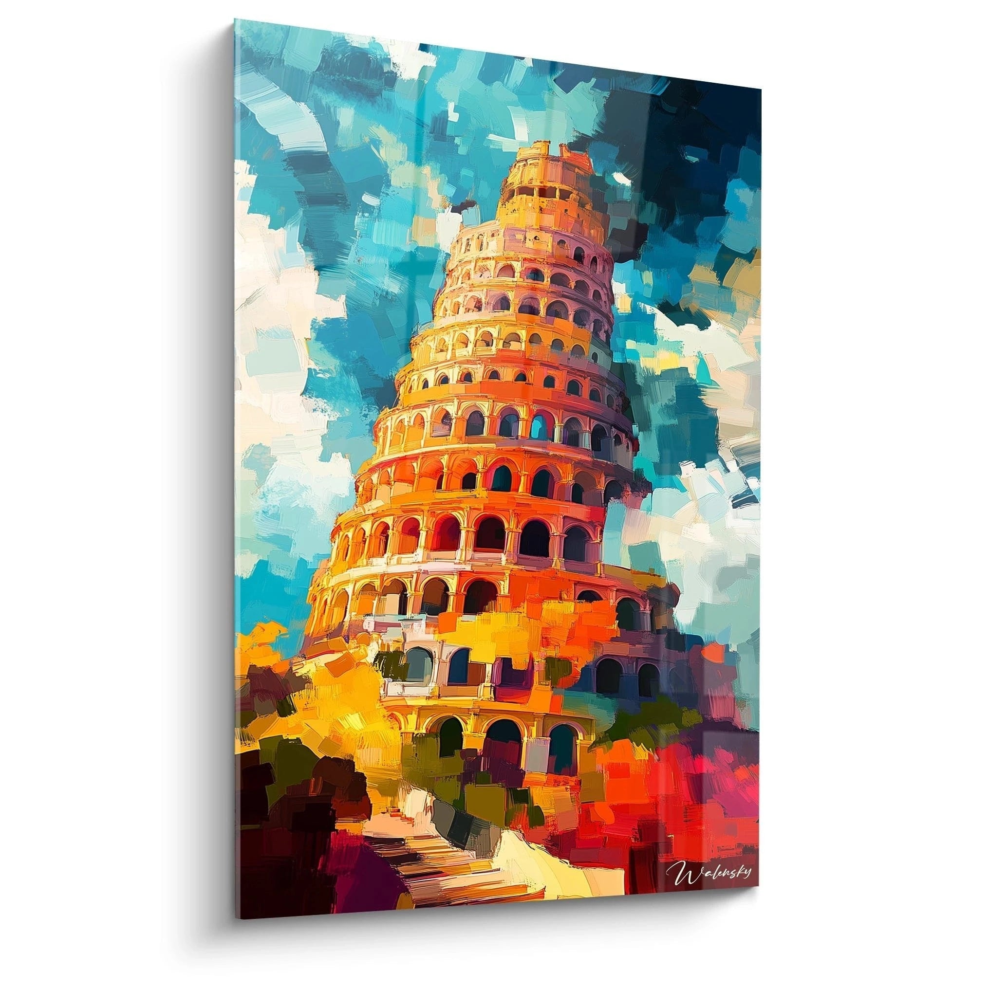 Un tableau Pieter Bruegel l'Ancien représentant une tour monumentale avec des arches en enfilade, dominée par des teintes orange, rouge et bleu, avec des textures épaisses et des coups de pinceau visibles.