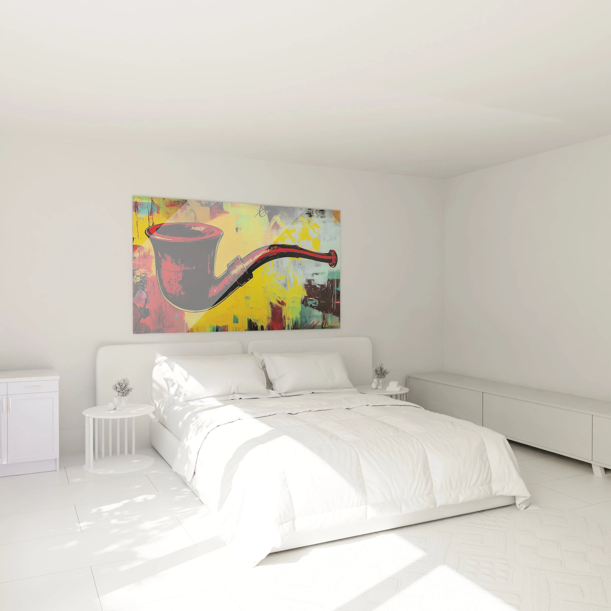 Un tableau René Magritte montrant une pipe détaillée en rouge et noir, contrastant avec un arrière-plan abstrait texturé composé de jaune lumineux et de touches de vert et de gris.