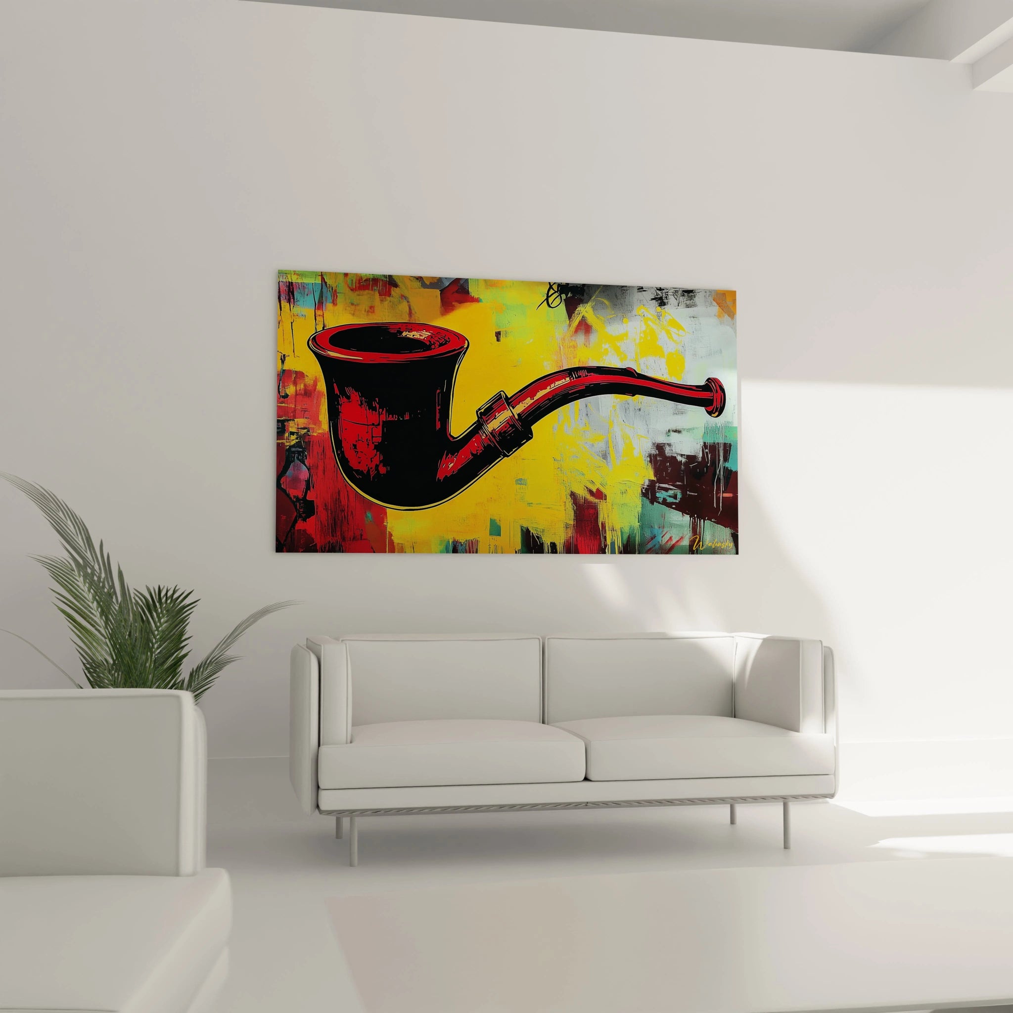 Un tableau René Magritte mettant en avant une pipe stylisée avec des contours nets en rouge et noir, posée sur un fond dynamique aux couleurs jaune, rouge et gris aux textures superposées.