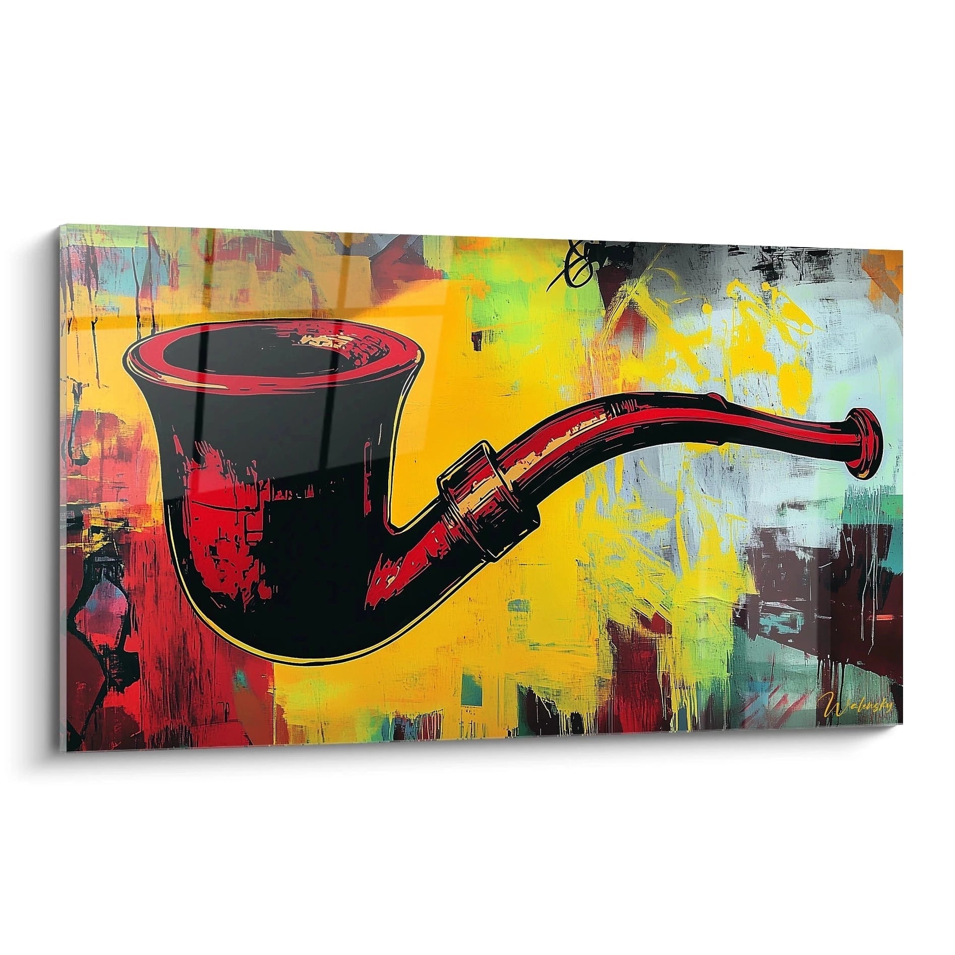 Un tableau René Magritte représentant une pipe rouge et noire sur un fond abstrait aux textures colorées, avec des éclats de jaune, de gris et de rouge vif.