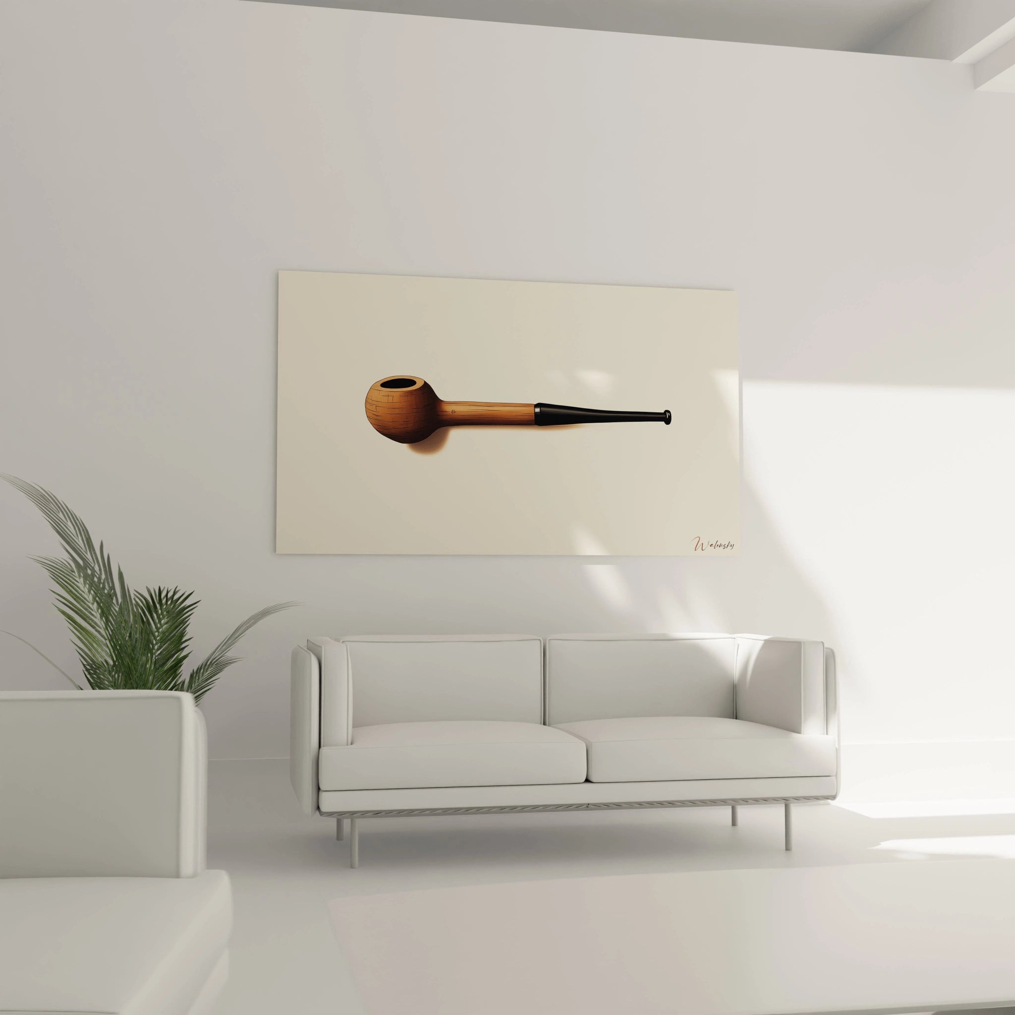 Un tableau René Magritte illustrant une pipe horizontale en bois foncé et noir, sur un fond beige épuré, avec une ombre douce apportant une illusion de profondeur.