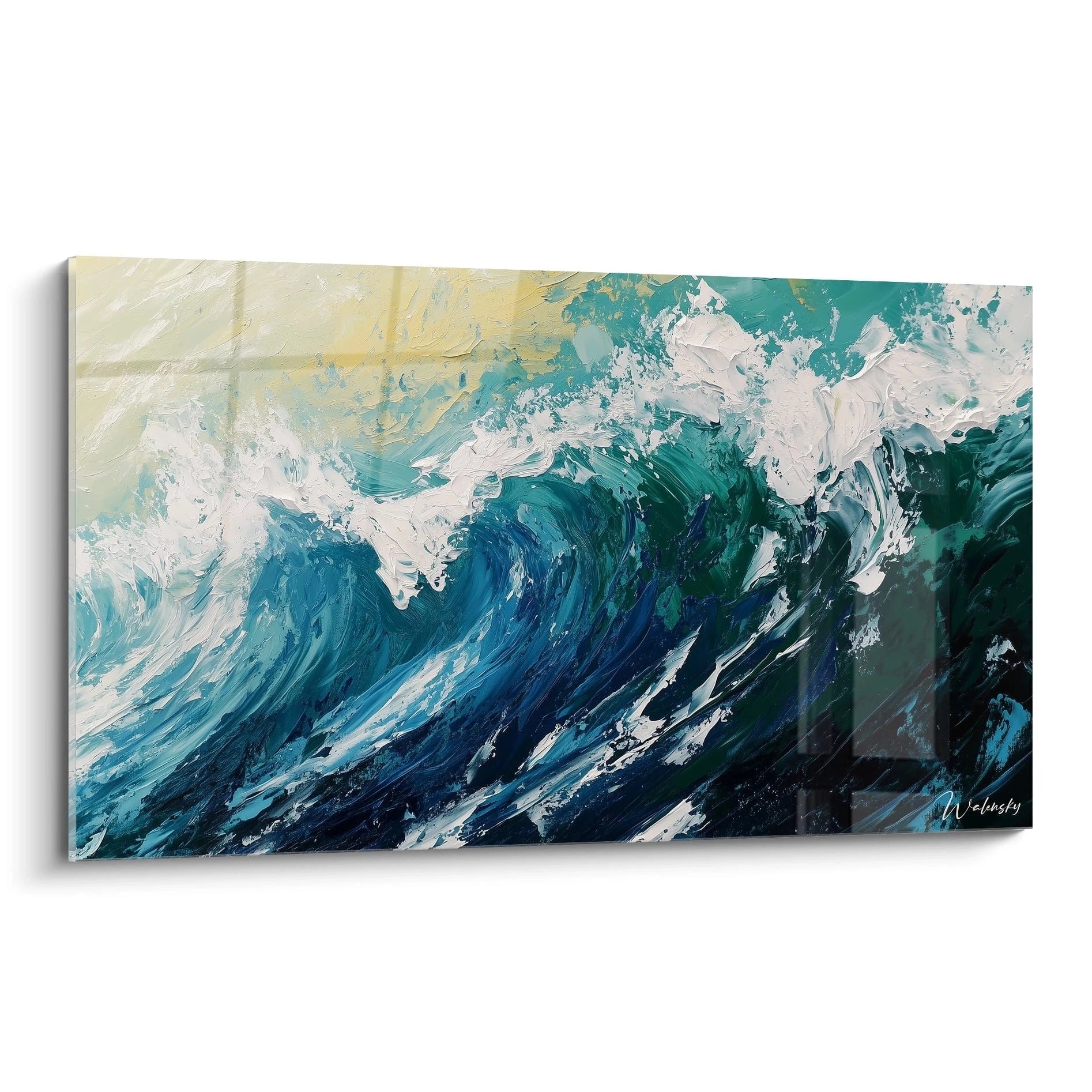 Un tableau Gustave Courbet représentant des vagues en mouvement, avec des teintes bleu marine, vert émeraude et blanc, peintes en textures épaisses et dynamiques.