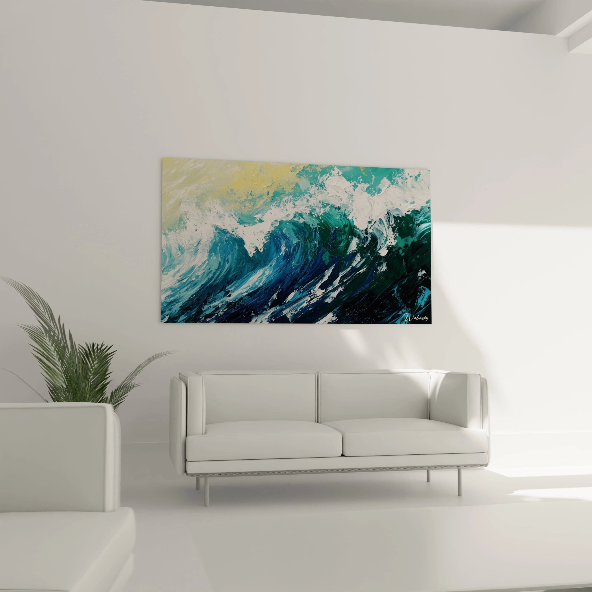 Tableau Gustave Courbet illustrant une mer agitée, composée de tons bleu clair, vert et jaune pâle, avec des reliefs marqués par des coups de pinceau superposés.