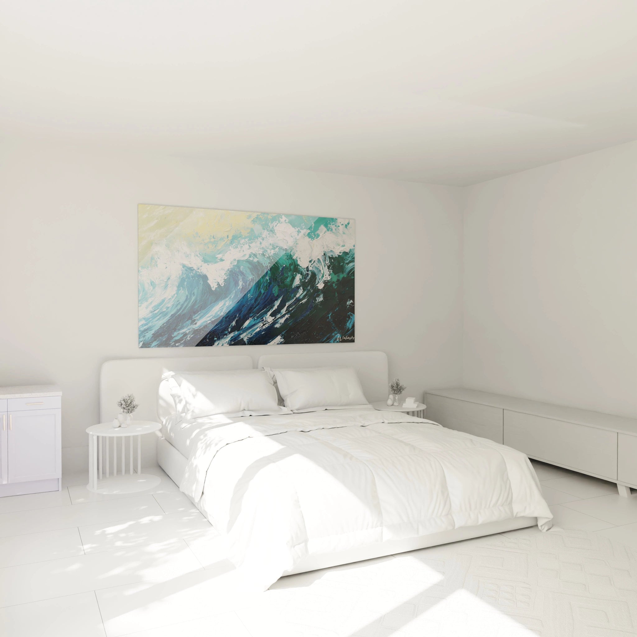 Un tableau Gustave Courbet mettant en avant des vagues tourbillonnantes, avec une palette de bleu profond, blanc lumineux et vert océan, accentuée par des textures empâtées.